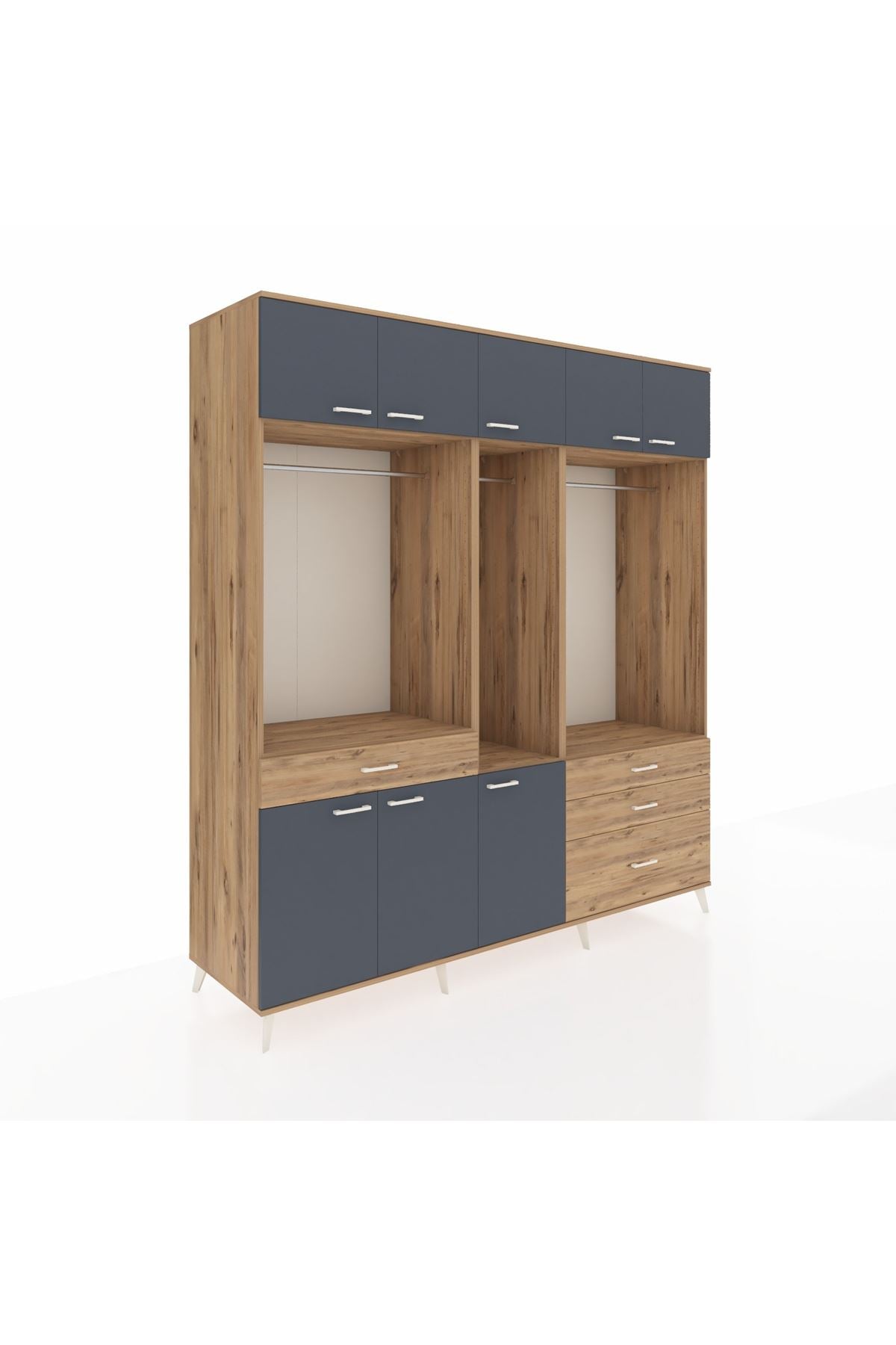 Kronos Dolap 8 Raflı 4 Çekmeceli 3 Askılı 220x59x243 Çam-Antrasit/Çam