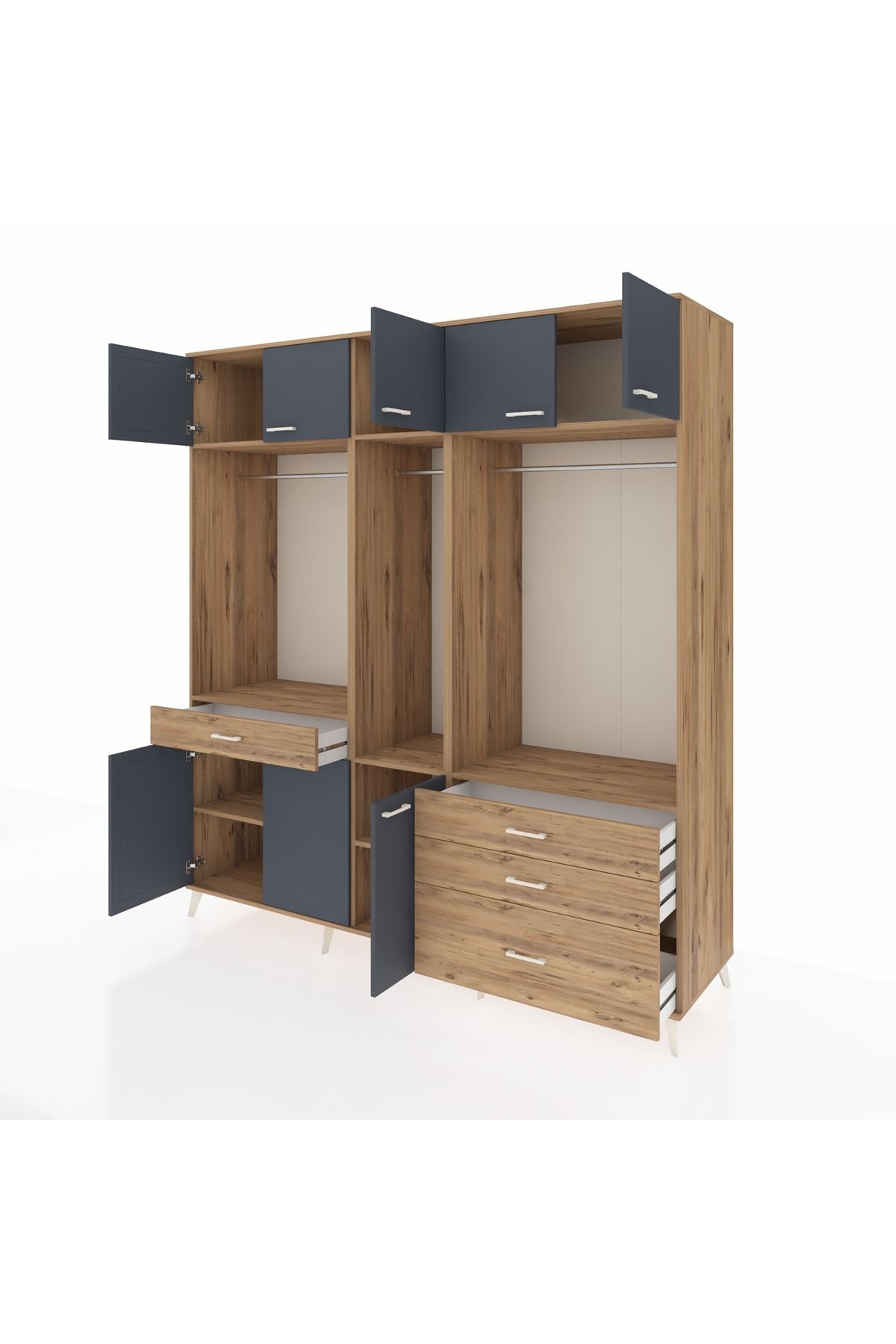 Kronos Dolap 8 Raflı 4 Çekmeceli 3 Askılı 220x59x243 Çam-Antrasit/Çam