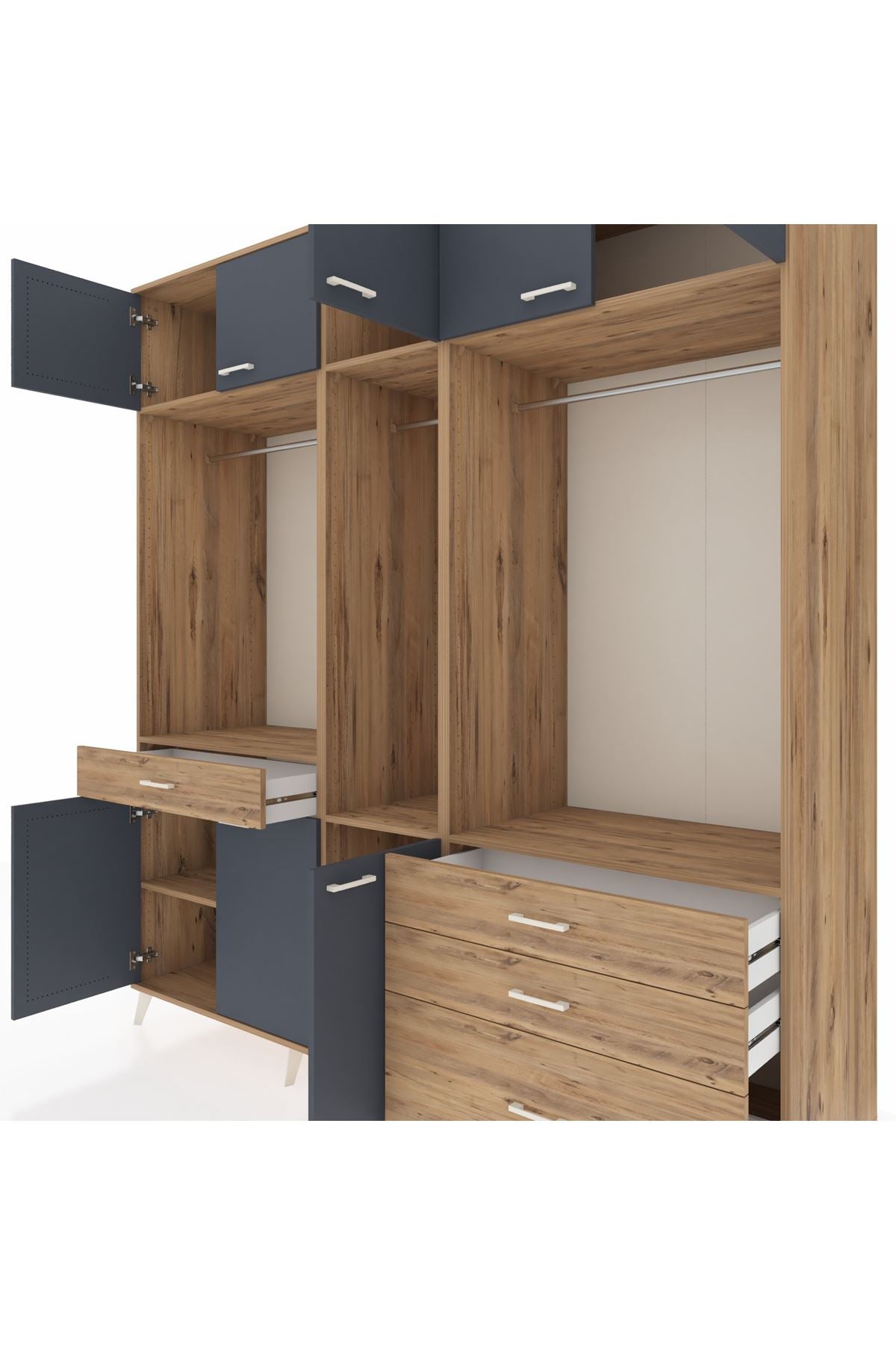 Kronos Dolap 8 Raflı 4 Çekmeceli 3 Askılı 220x59x243 Çam-Antrasit/Çam