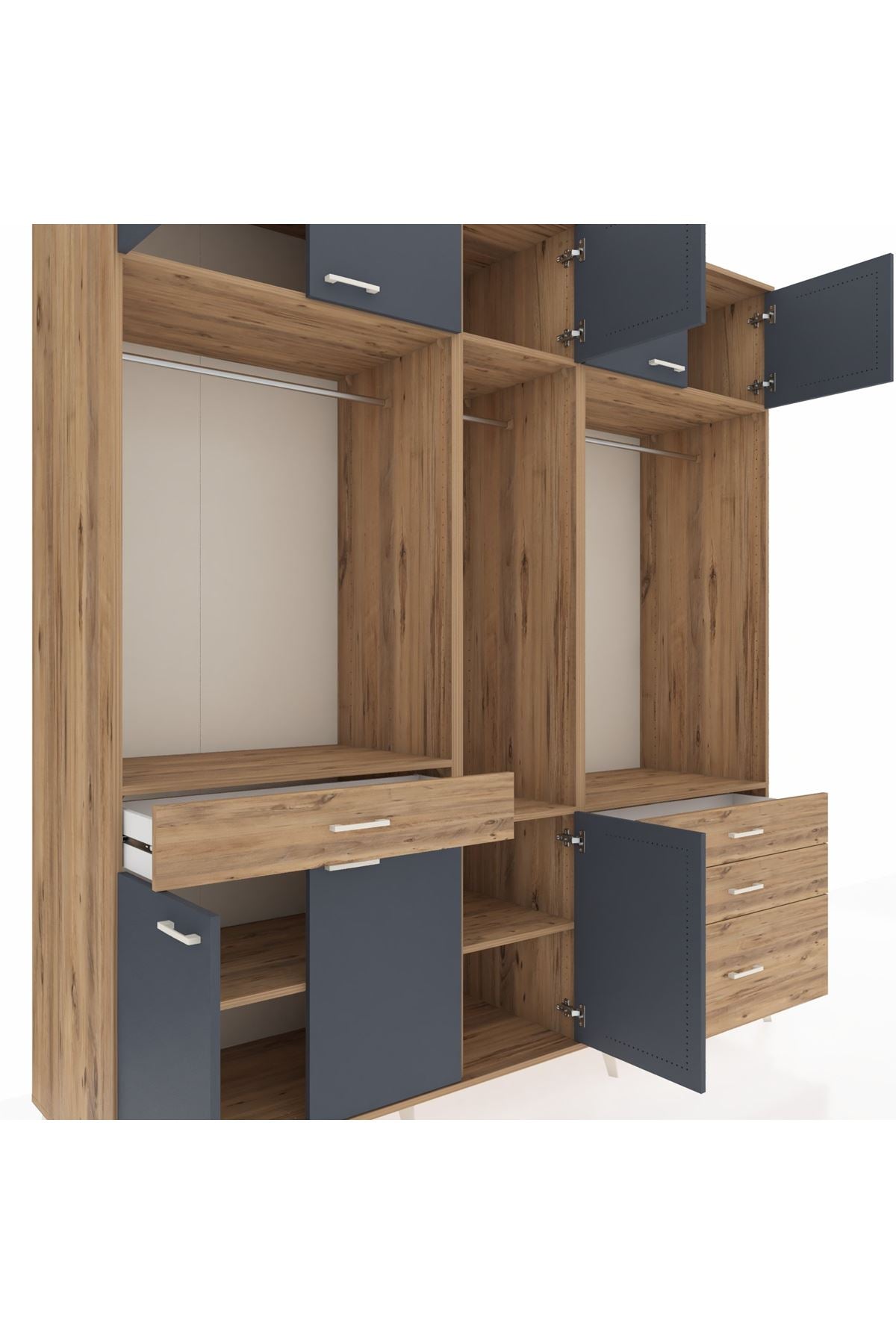 Kronos Dolap 8 Raflı 4 Çekmeceli 3 Askılı 220x59x243 Çam-Antrasit/Çam