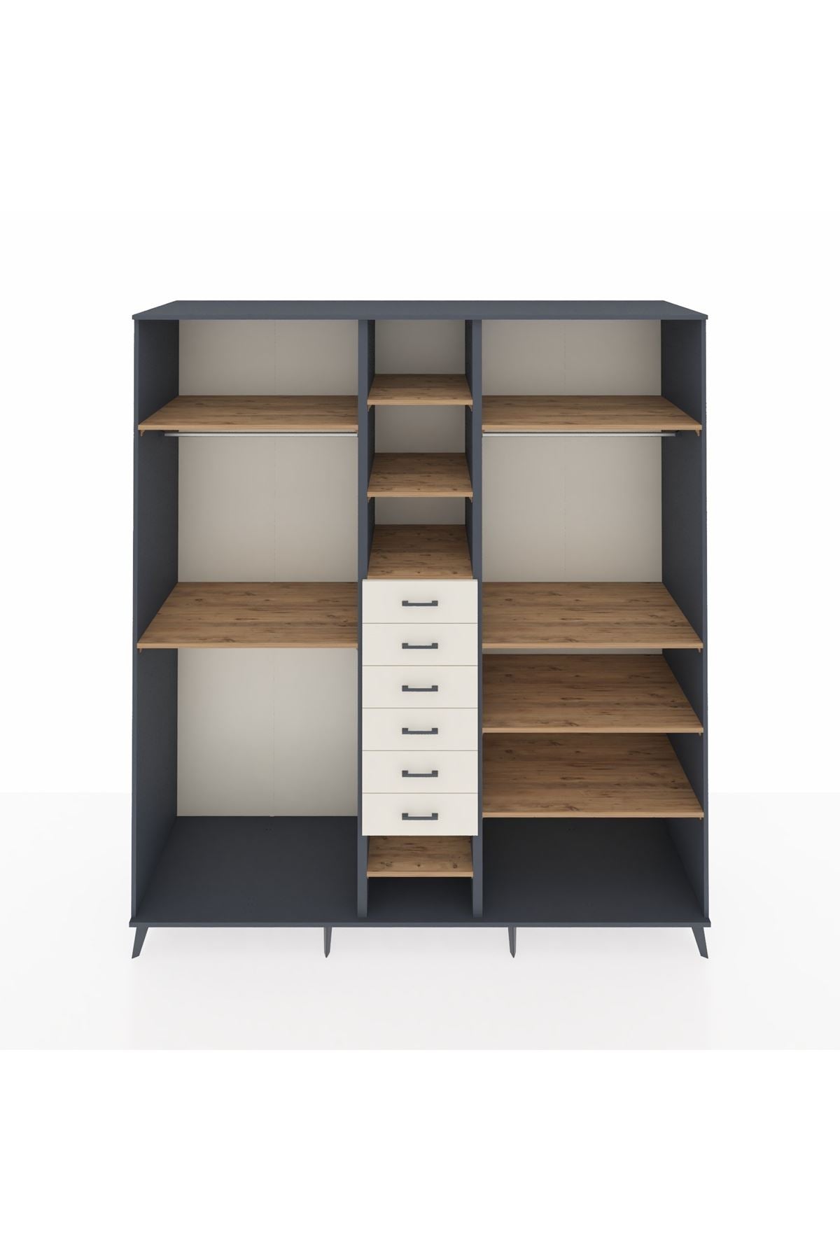 Kronos Dolap 10 Raflı 6 Çekmeceli 3 Askılı 220x59x243 Antrasit-Çam/Aytaşı