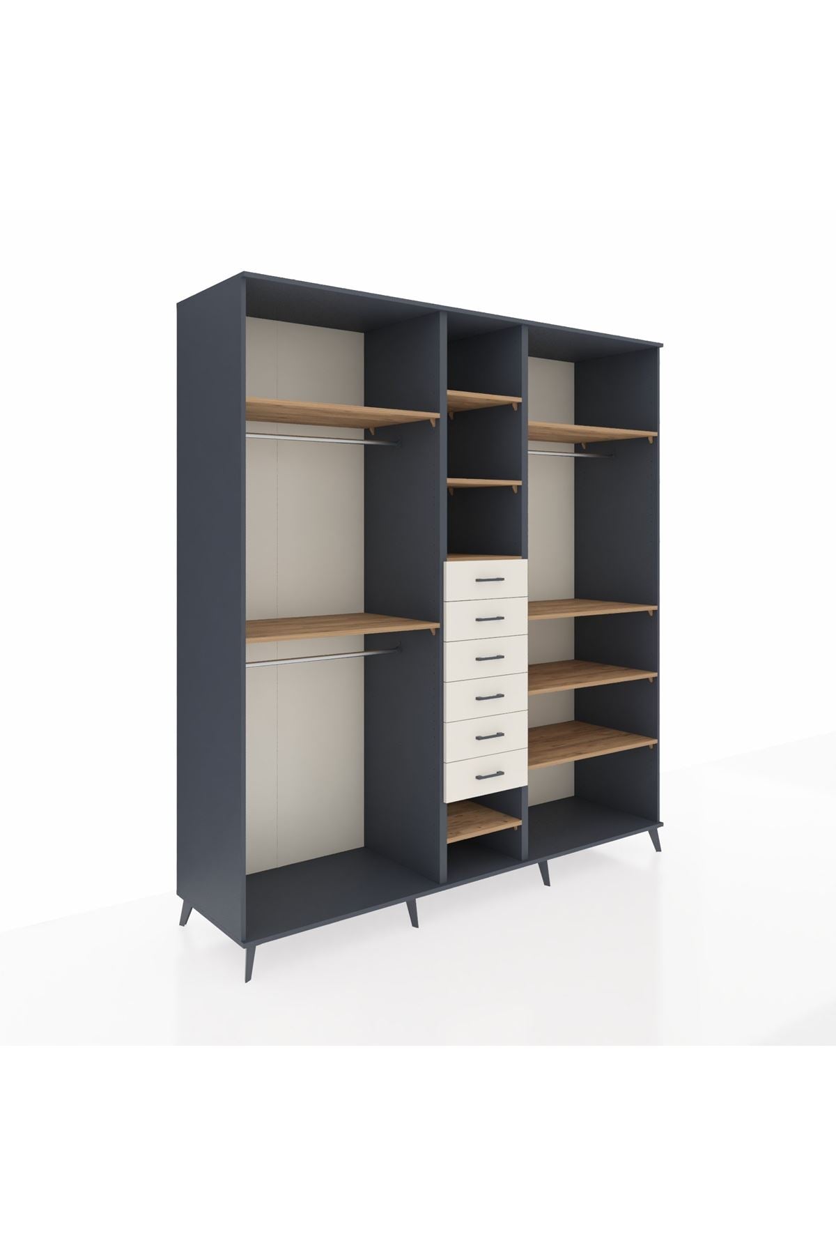 Kronos Dolap 10 Raflı 6 Çekmeceli 3 Askılı 220x59x243 Antrasit-Çam/Aytaşı