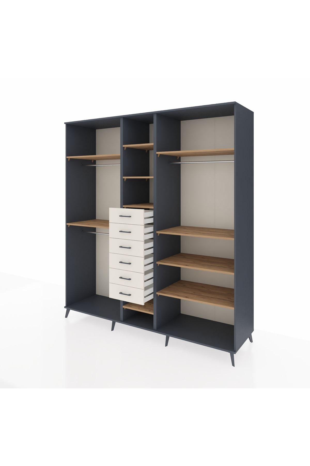 Kronos Dolap 10 Raflı 6 Çekmeceli 3 Askılı 220x59x243 Antrasit-Çam/Aytaşı