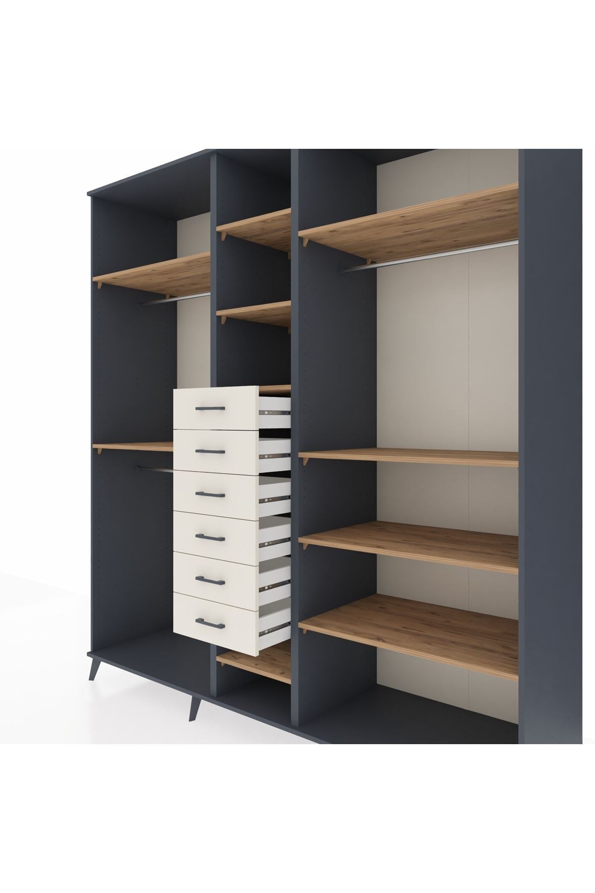 Kronos Dolap 10 Raflı 6 Çekmeceli 3 Askılı 220x59x243 Antrasit-Çam/Aytaşı