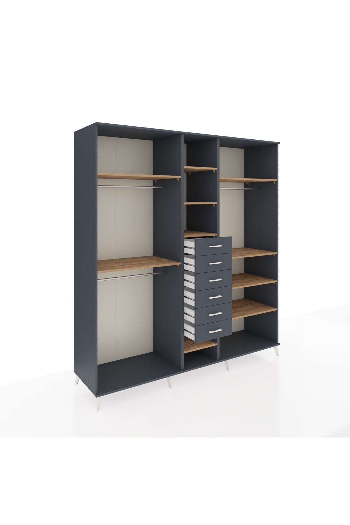 Kronos Dolap 10 Raflı 6 Çekmeceli 3 Askılı 220x59x243 Antrasit-Çam/Antrasit