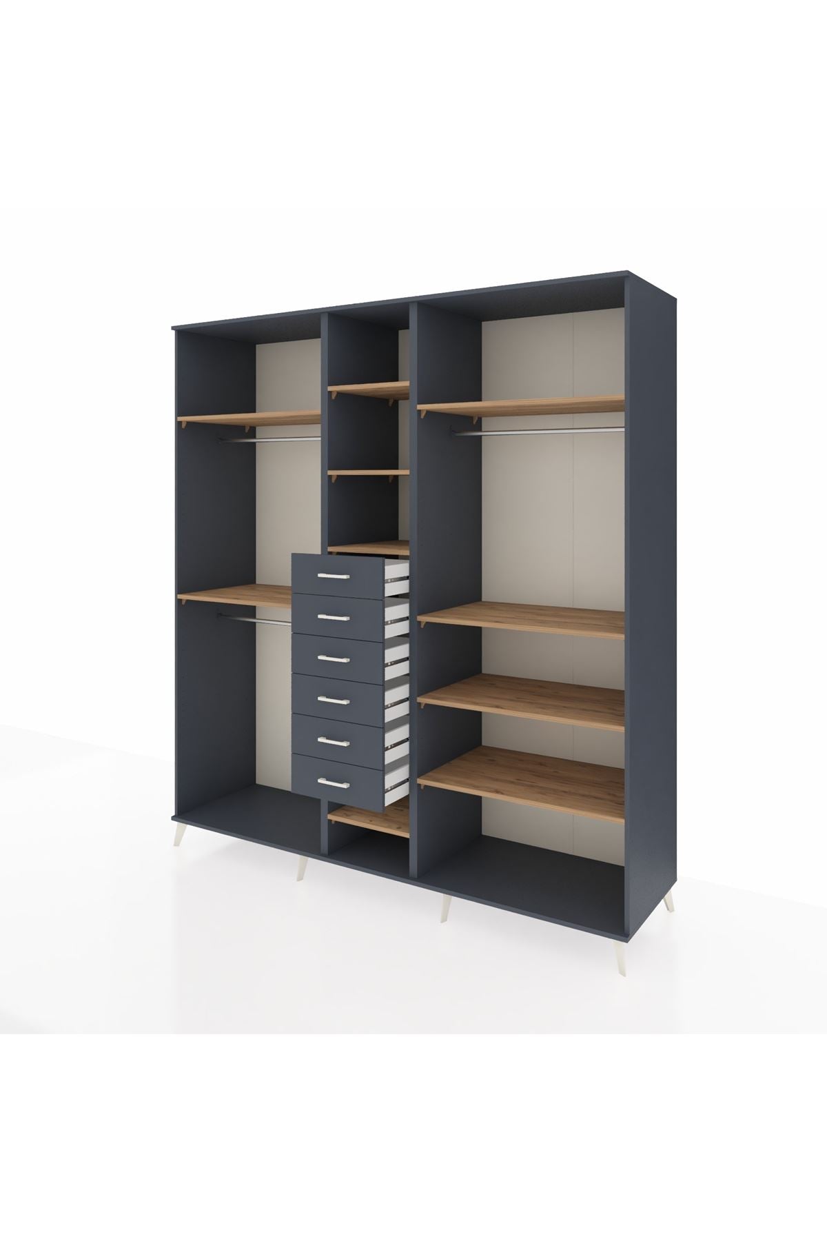 Kronos Dolap 10 Raflı 6 Çekmeceli 3 Askılı 220x59x243 Antrasit-Çam/Antrasit