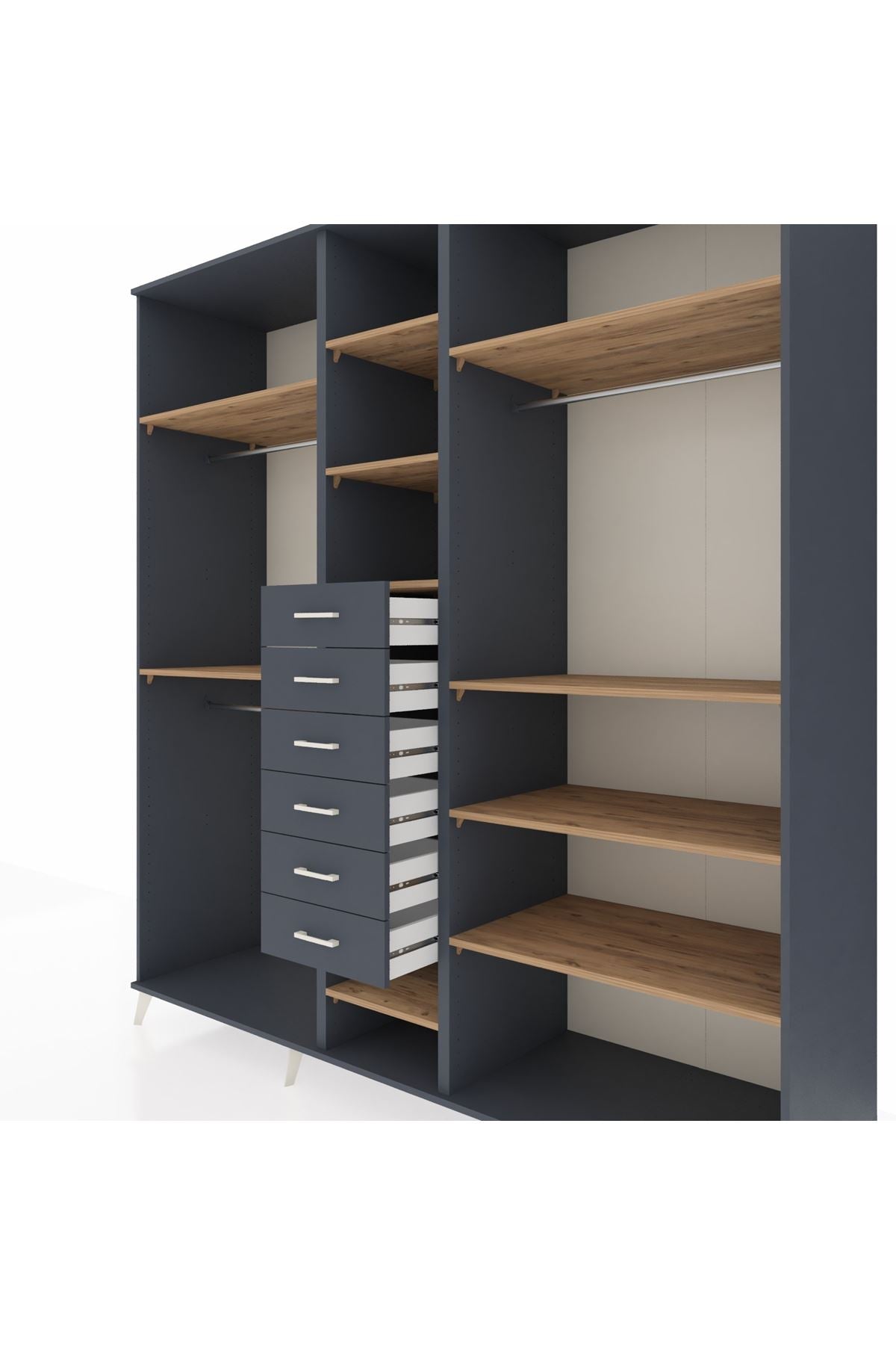 Kronos Dolap 10 Raflı 6 Çekmeceli 3 Askılı 220x59x243 Antrasit-Çam/Antrasit