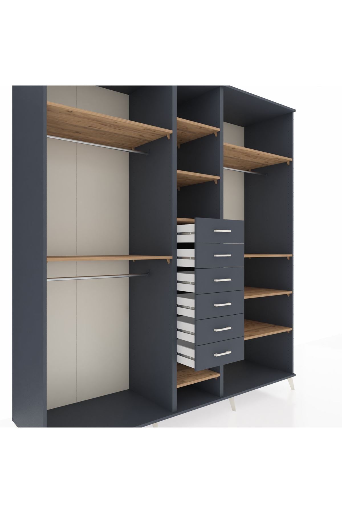 Kronos Dolap 10 Raflı 6 Çekmeceli 3 Askılı 220x59x243 Antrasit-Çam/Antrasit