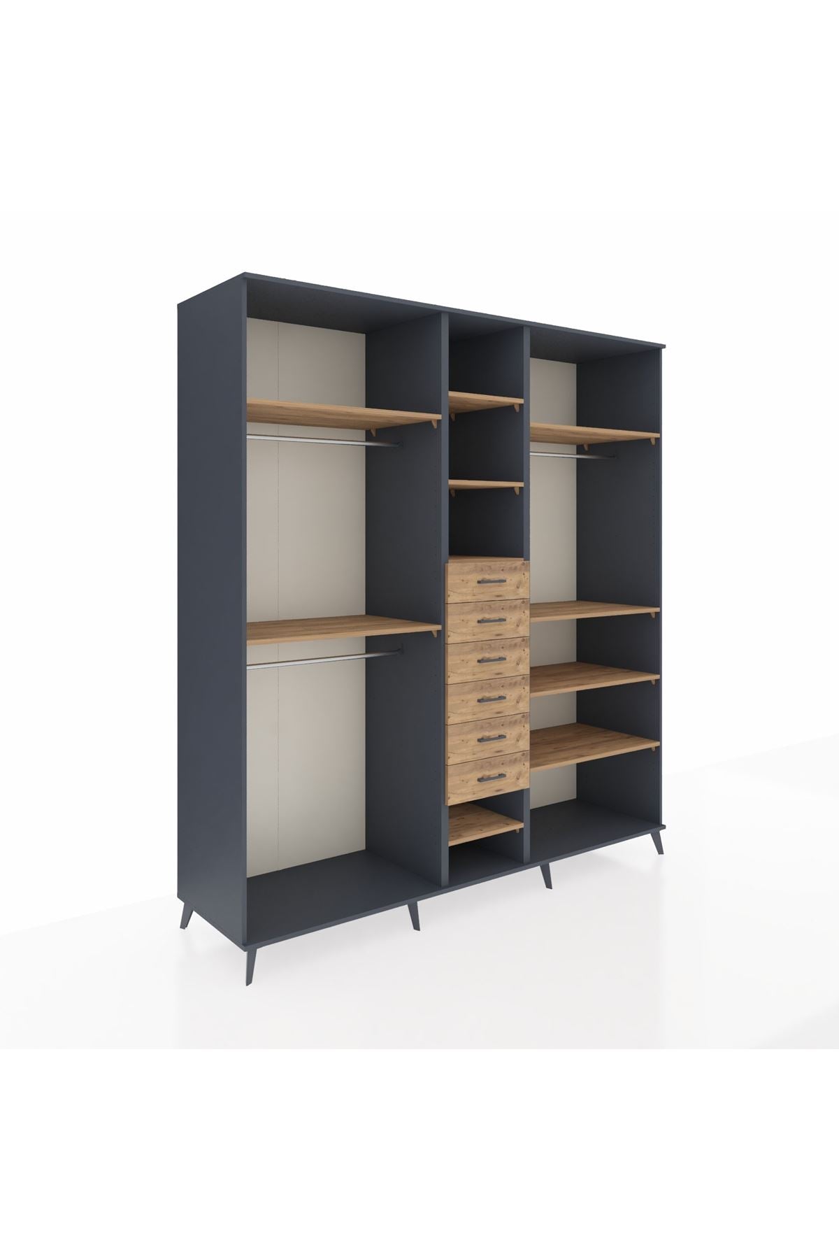 Kronos Dolap 10 Raflı 6 Çekmeceli 3 Askılı 220x59x243 Antrasit-Çam/Çam