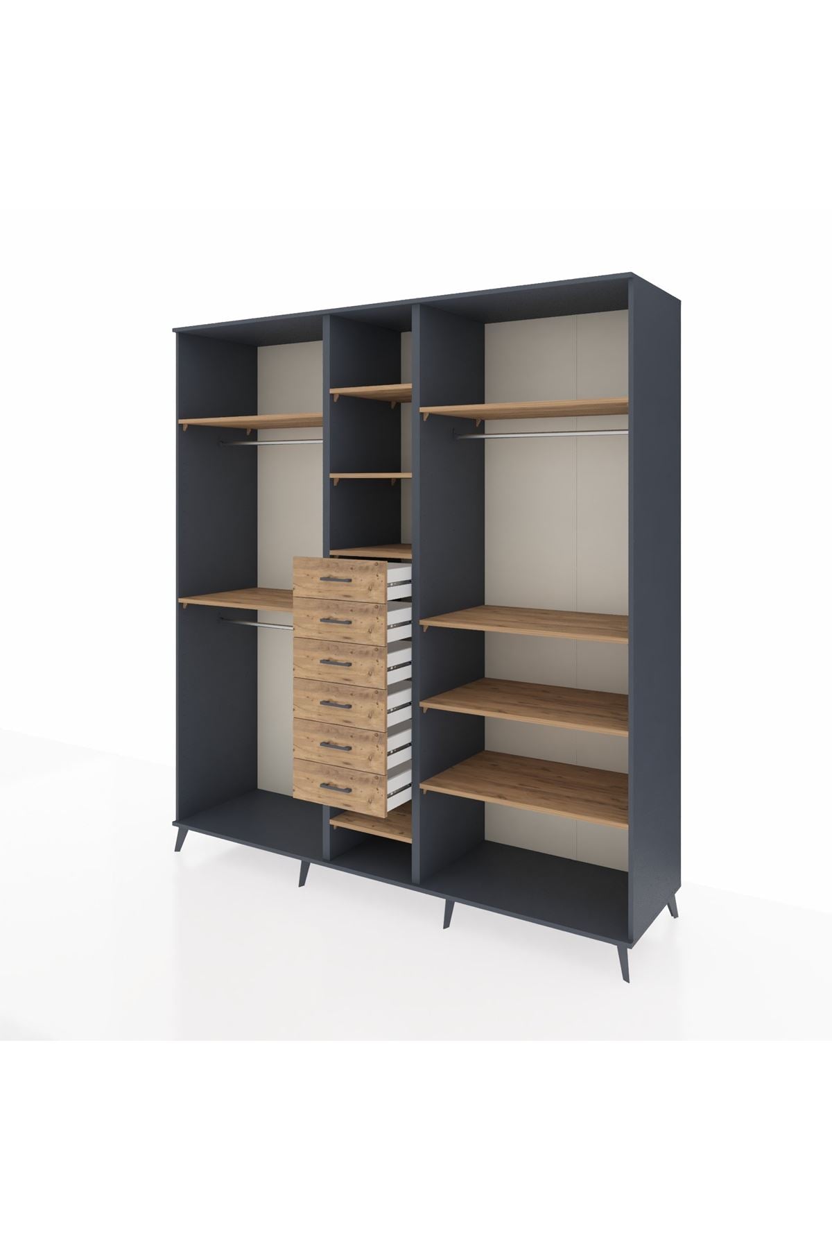 Kronos Dolap 10 Raflı 6 Çekmeceli 3 Askılı 220x59x243 Antrasit-Çam/Çam