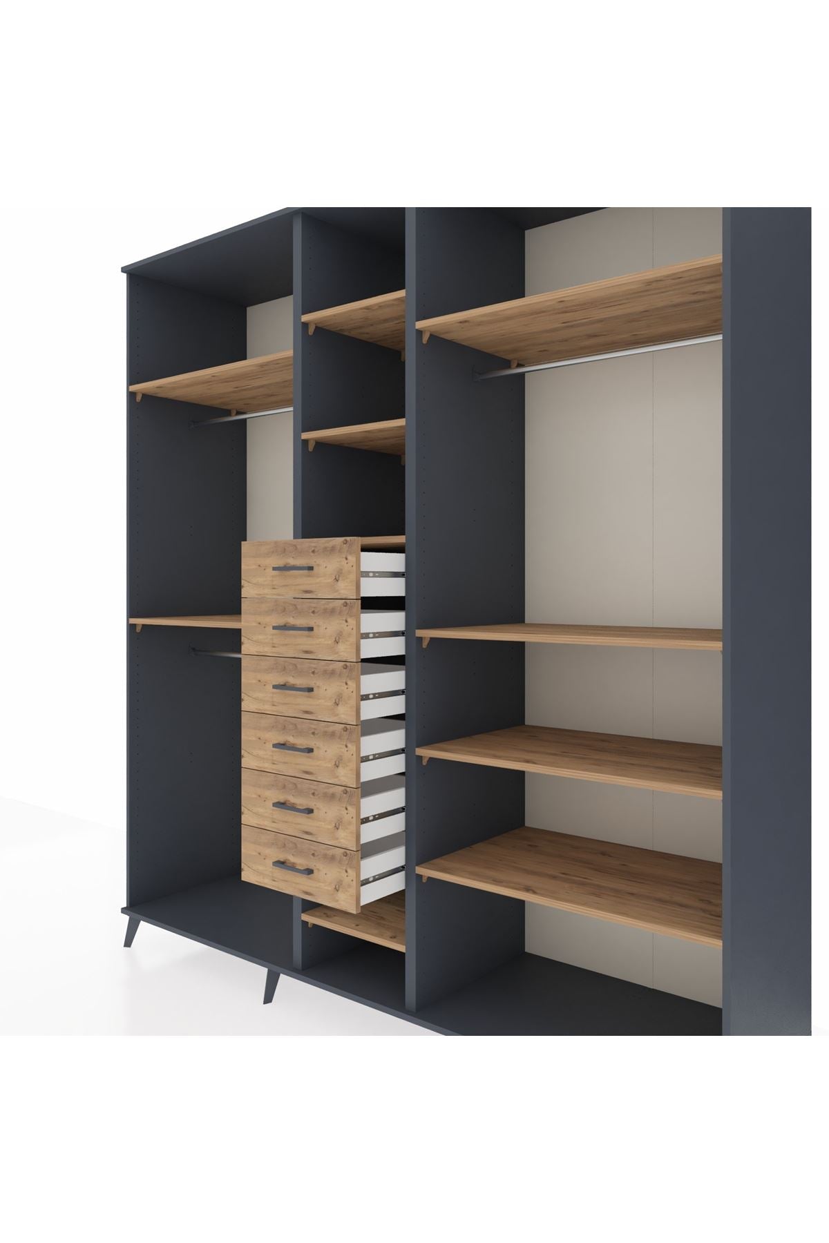 Kronos Dolap 10 Raflı 6 Çekmeceli 3 Askılı 220x59x243 Antrasit-Çam/Çam