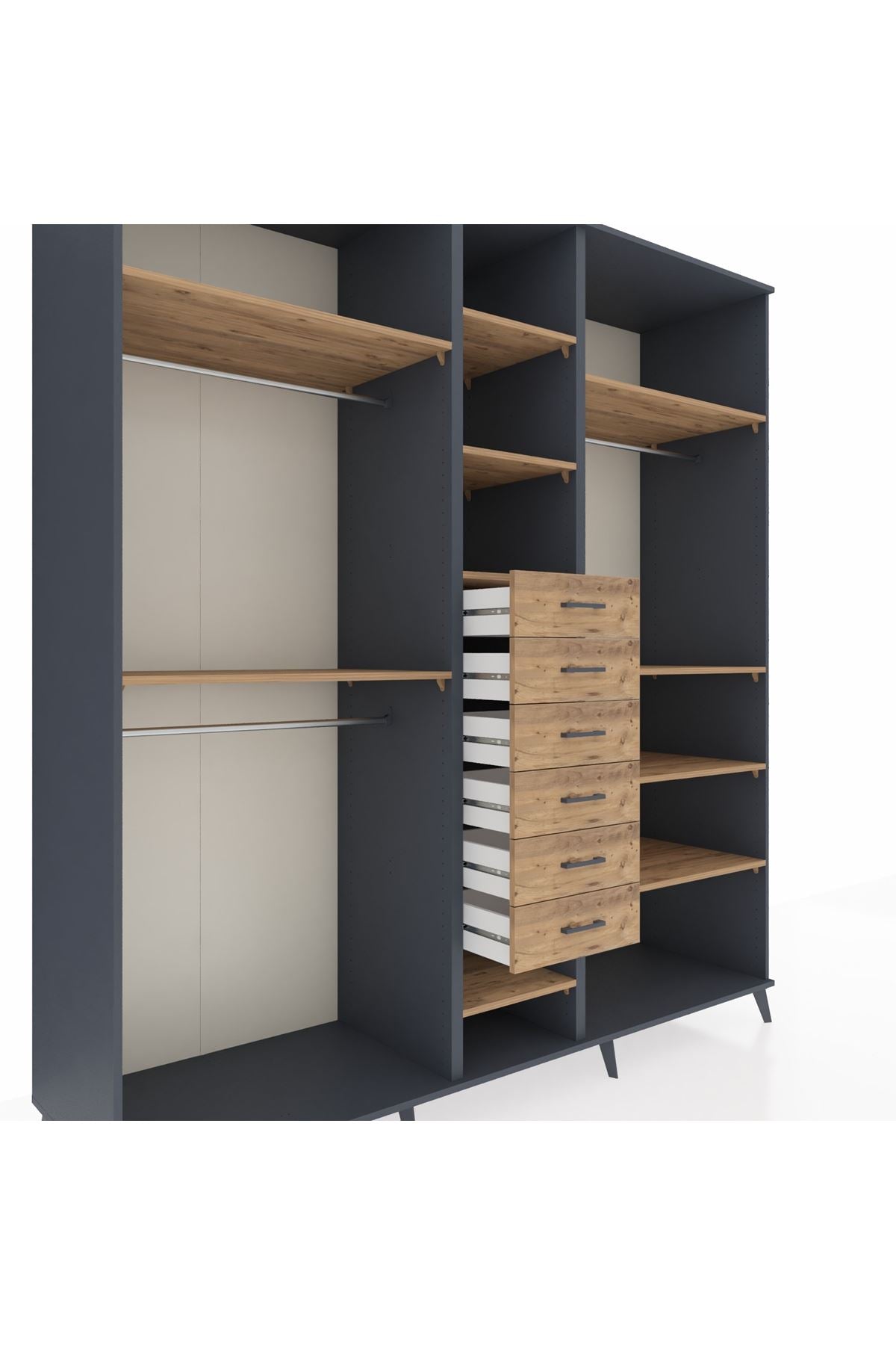 Kronos Dolap 10 Raflı 6 Çekmeceli 3 Askılı 220x59x243 Antrasit-Çam/Çam