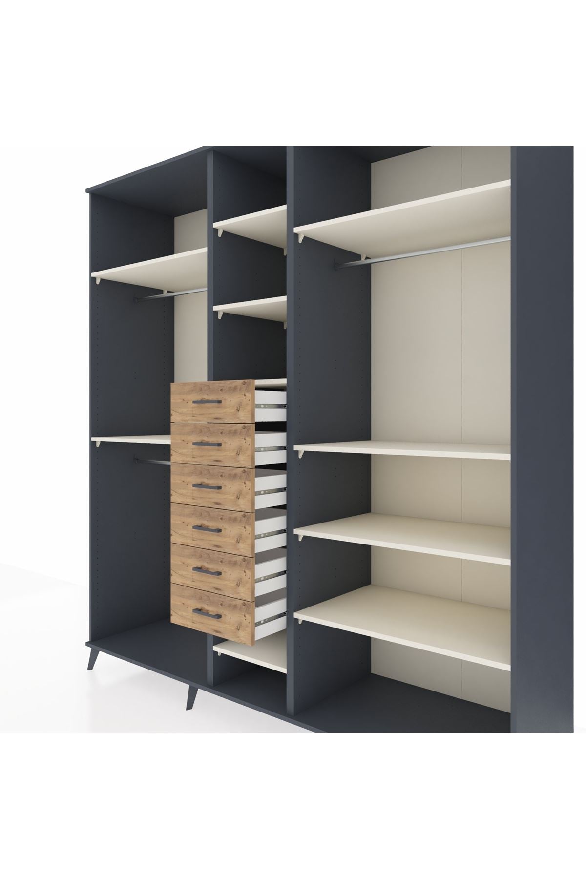 Kronos Dolap 10 Raflı 6 Çekmeceli 3 Askılı 220x59x243 Antrasit-Aytaşı/Çam