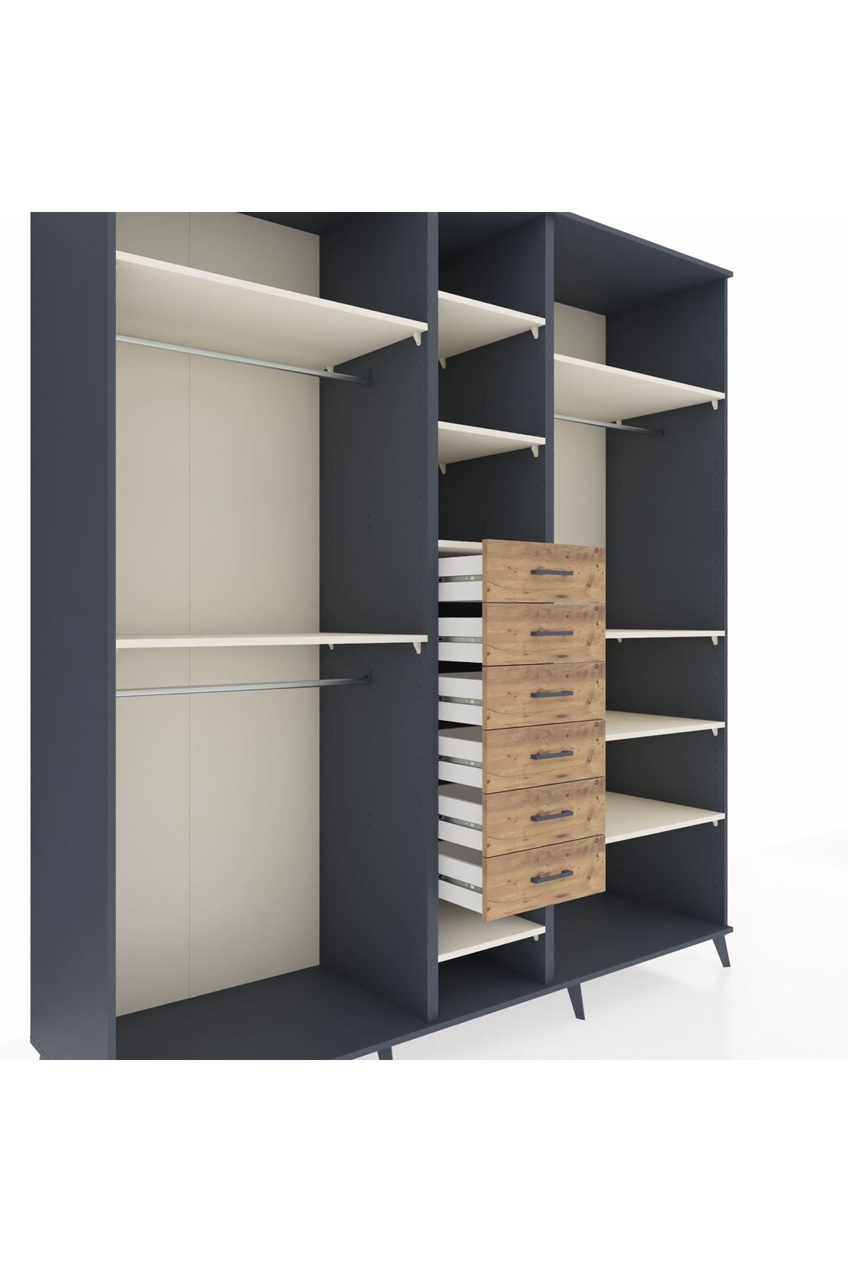 Kronos Dolap 10 Raflı 6 Çekmeceli 3 Askılı 220x59x243 Antrasit-Aytaşı/Çam