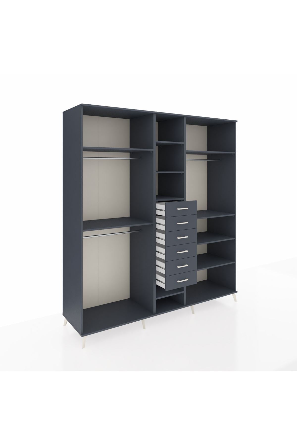 Kronos Dolap 10 Raflı 6 Çekmeceli 3 Askılı 220x59x243 Antrasit-Antrasit/Antrasit