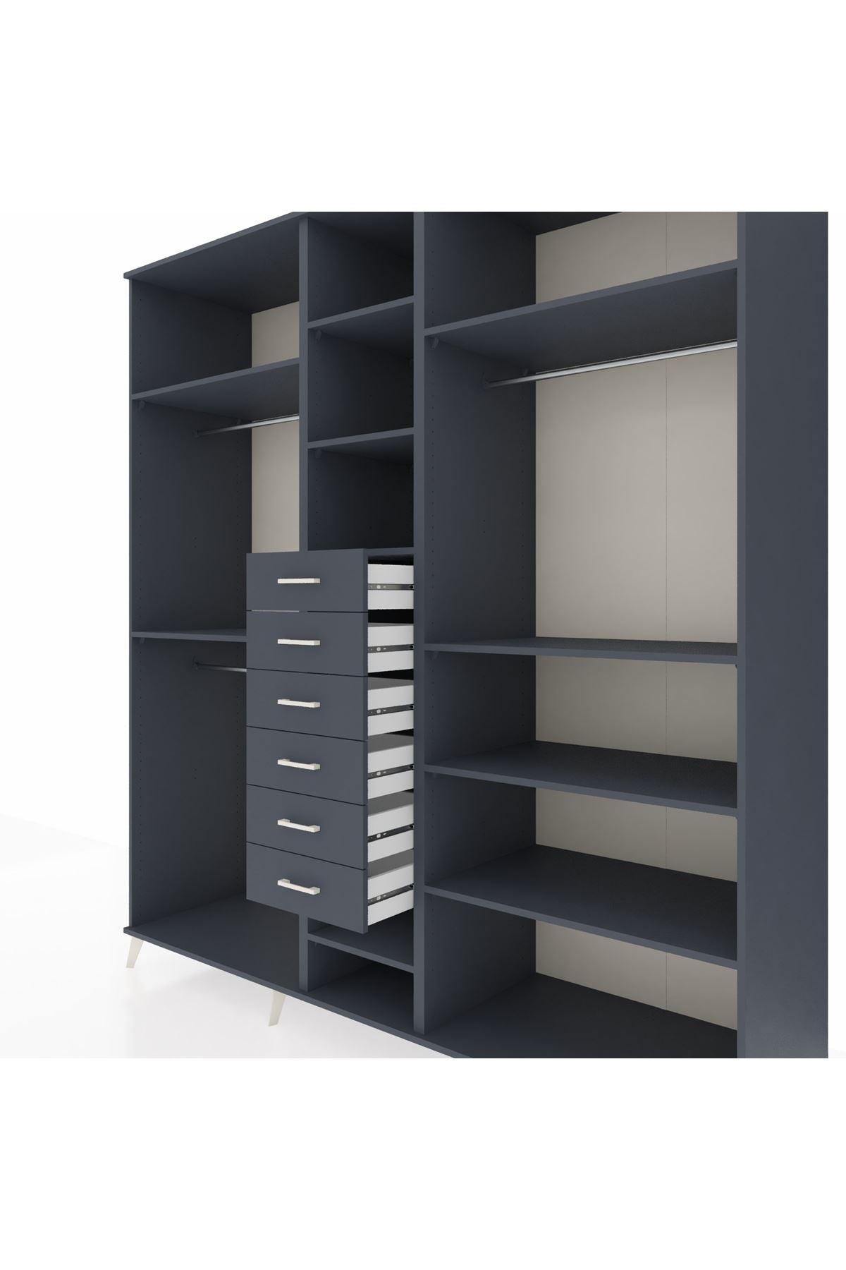 Kronos Dolap 10 Raflı 6 Çekmeceli 3 Askılı 220x59x243 Antrasit-Antrasit/Antrasit