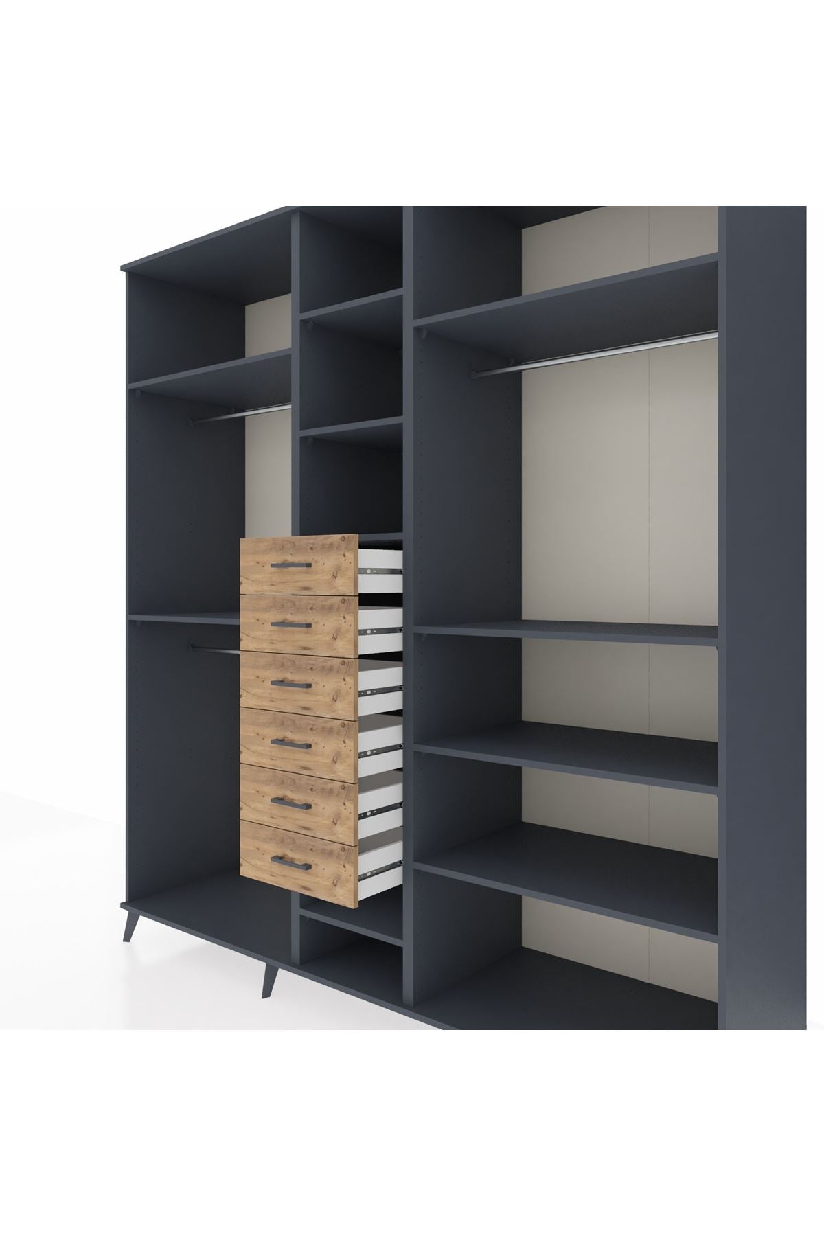 Kronos Dolap 10 Raflı 6 Çekmeceli 3 Askılı 220x59x243 Antrasit-Antrasit/Çam