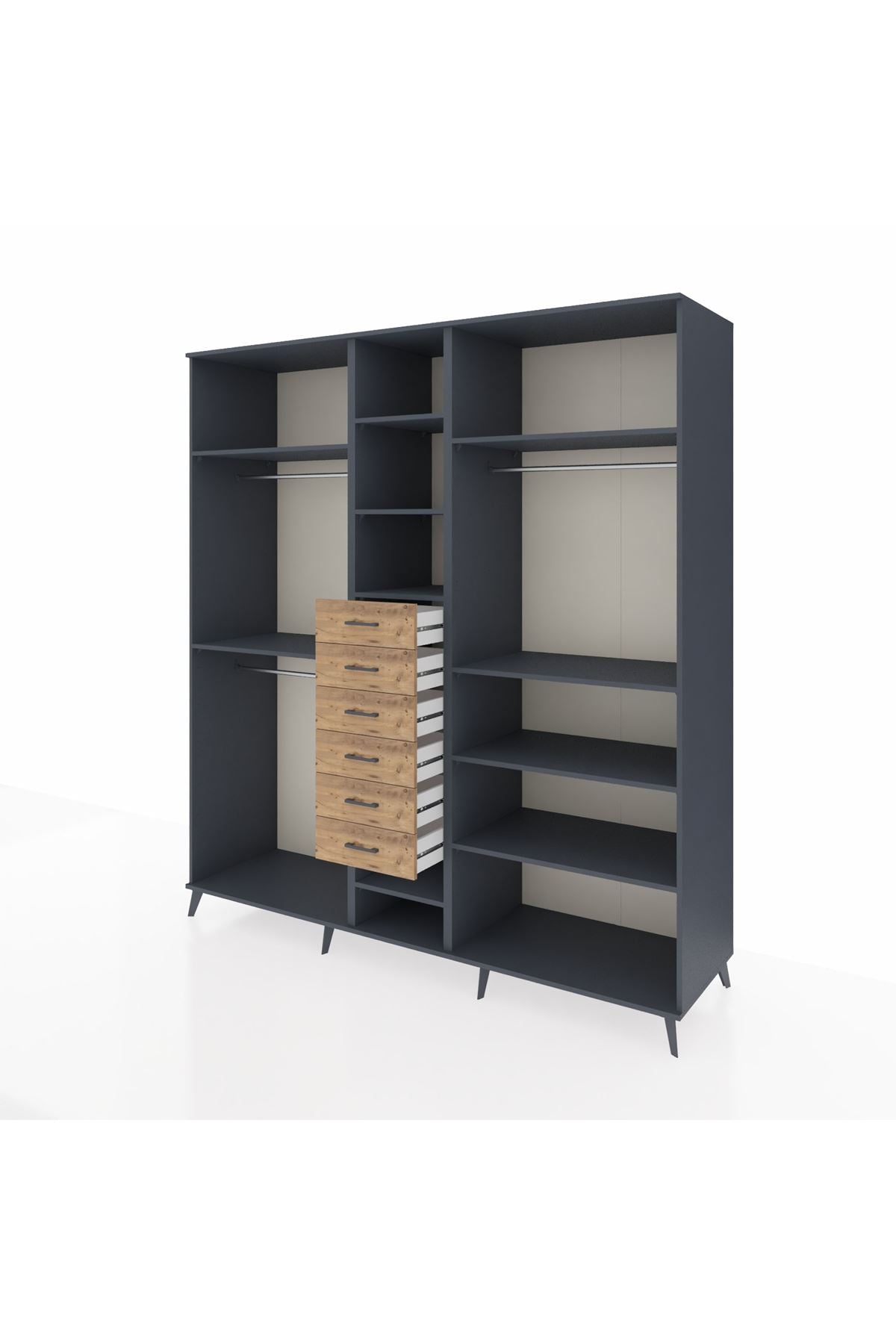 Kronos Dolap 10 Raflı 6 Çekmeceli 3 Askılı 220x59x243 Antrasit-Antrasit/Çam