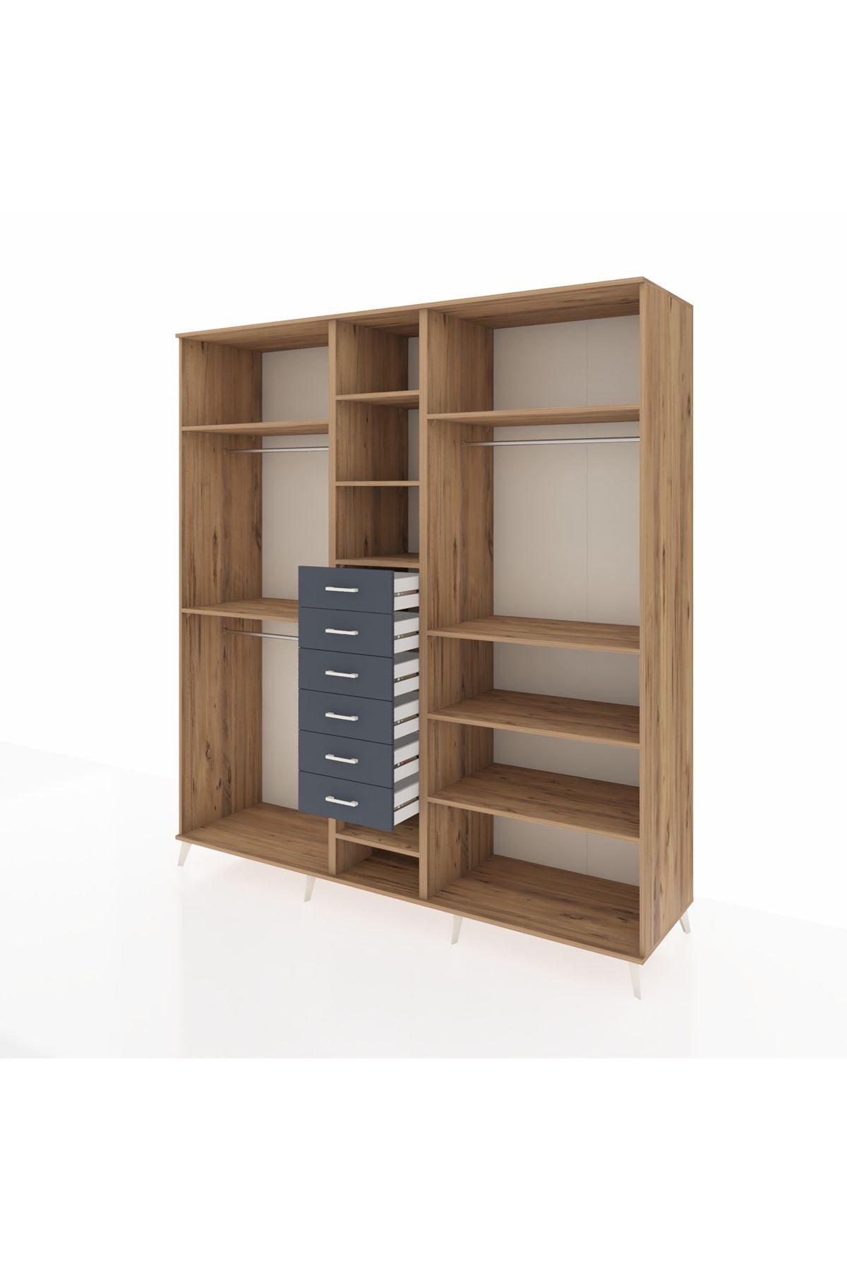 Kronos Dolap 10 Raflı 6 Çekmeceli 3 Askılı 220x59x243 Çam-Çam/Antrasit