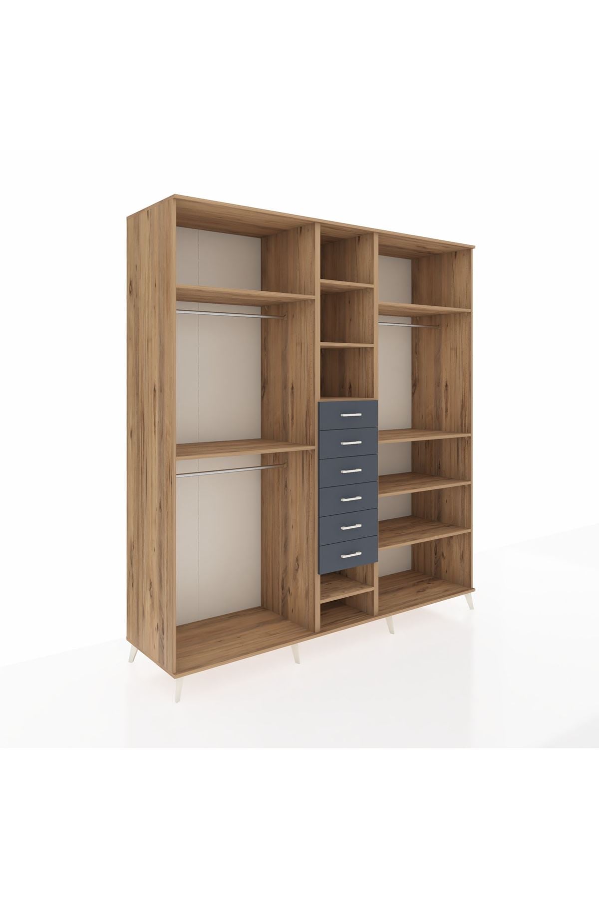 Kronos Dolap 10 Raflı 6 Çekmeceli 3 Askılı 220x59x243 Çam-Çam/Antrasit