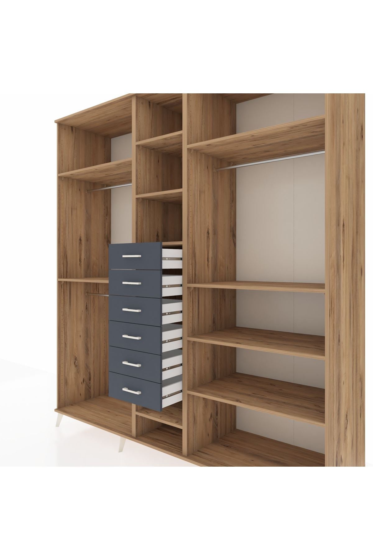 Kronos Dolap 10 Raflı 6 Çekmeceli 3 Askılı 220x59x243 Çam-Çam/Antrasit