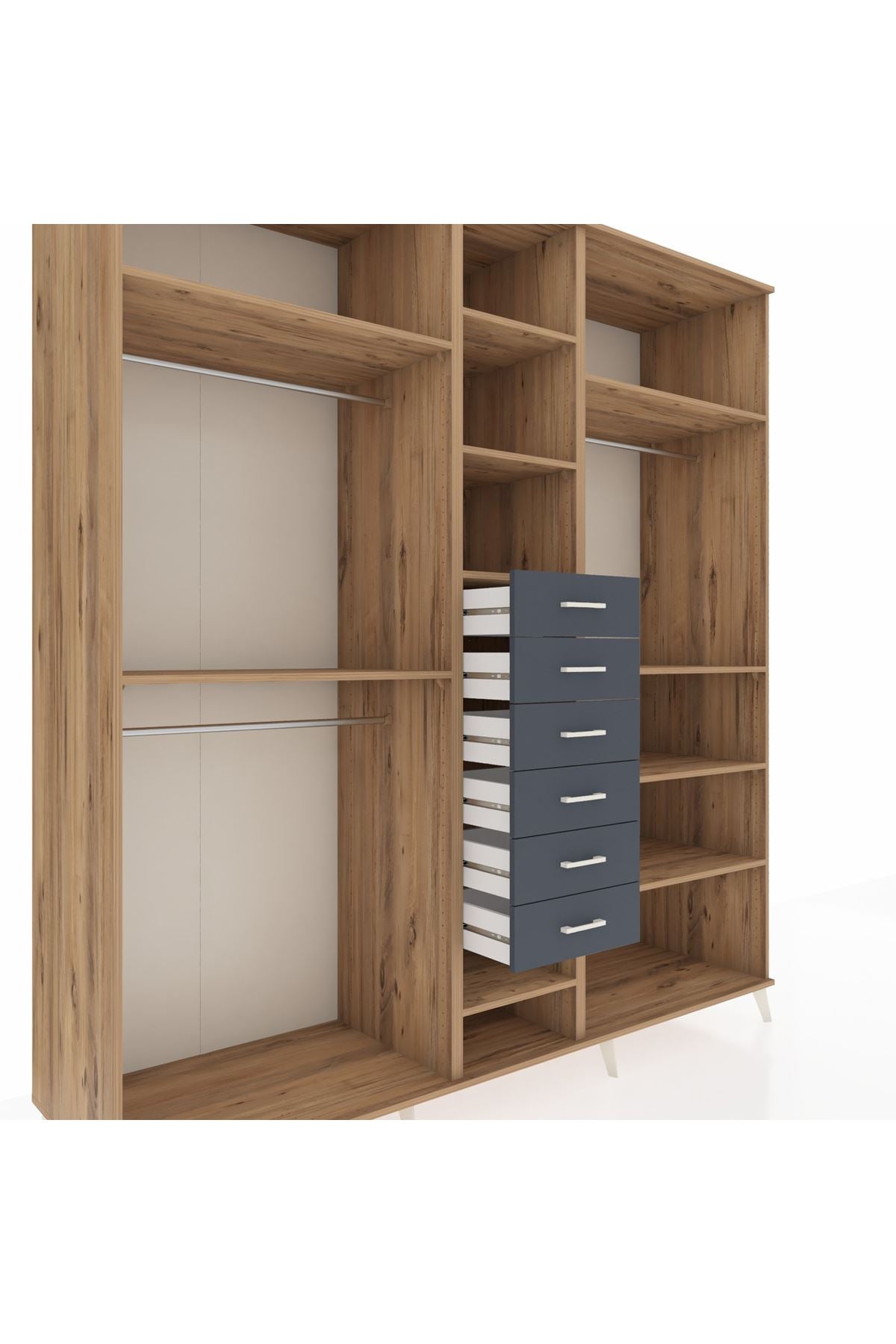 Kronos Dolap 10 Raflı 6 Çekmeceli 3 Askılı 220x59x243 Çam-Çam/Antrasit