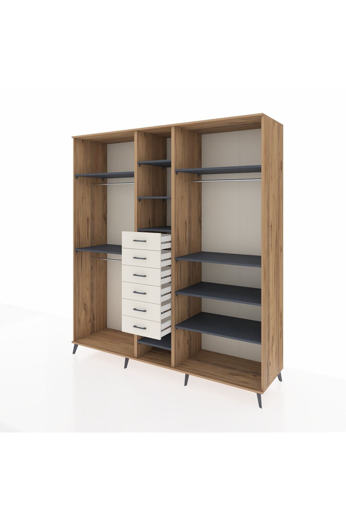 Kronos Dolap 10 Raflı 6 Çekmeceli 3 Askılı 220x59x243 Çam-Antrasit/Aytaşı