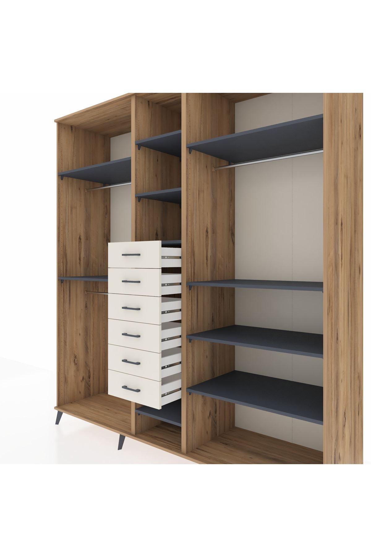 Kronos Dolap 10 Raflı 6 Çekmeceli 3 Askılı 220x59x243 Çam-Antrasit/Aytaşı