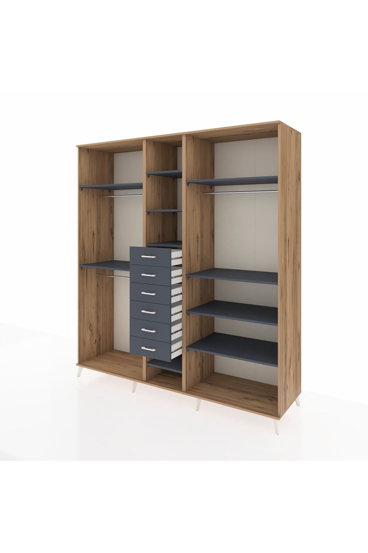 Kronos Dolap 10 Raflı 6 Çekmeceli 3 Askılı 220x59x243 Çam-Antrasit/Antrasit