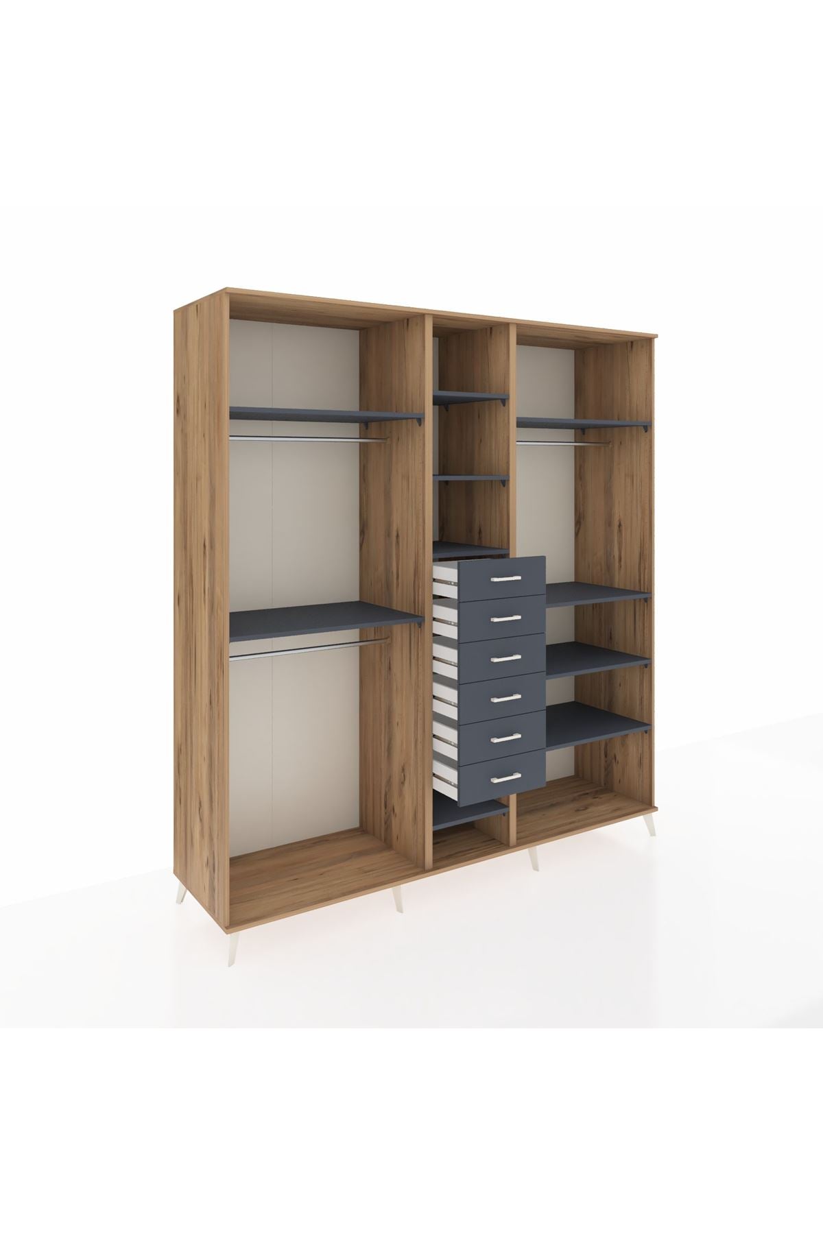 Kronos Dolap 10 Raflı 6 Çekmeceli 3 Askılı 220x59x243 Çam-Antrasit/Antrasit