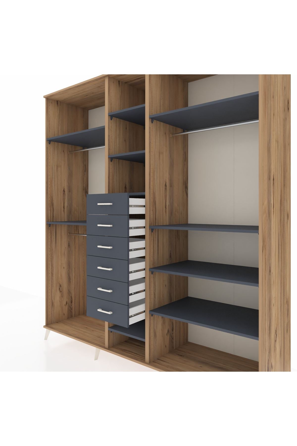 Kronos Dolap 10 Raflı 6 Çekmeceli 3 Askılı 220x59x243 Çam-Antrasit/Antrasit