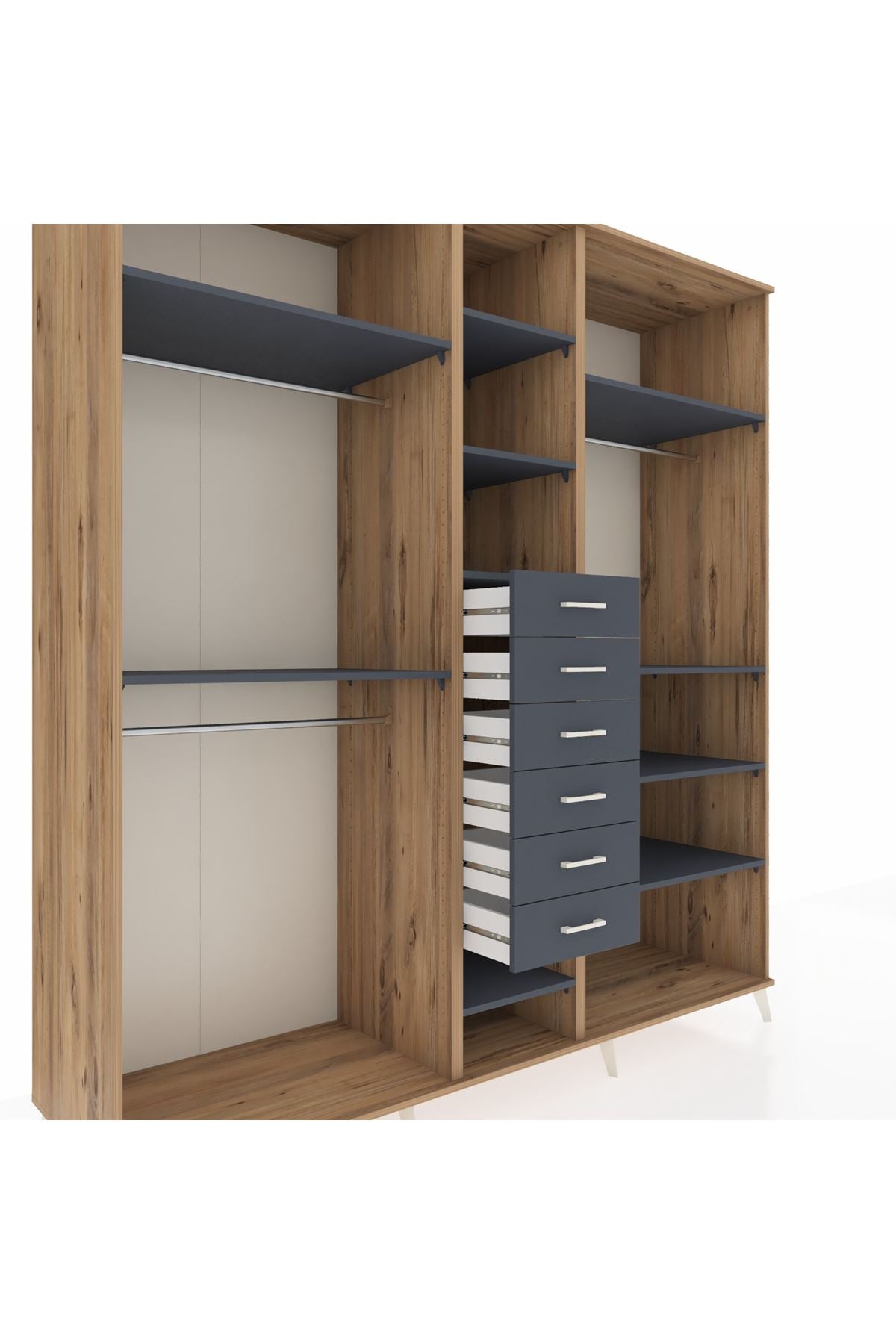 Kronos Dolap 10 Raflı 6 Çekmeceli 3 Askılı 220x59x243 Çam-Antrasit/Antrasit