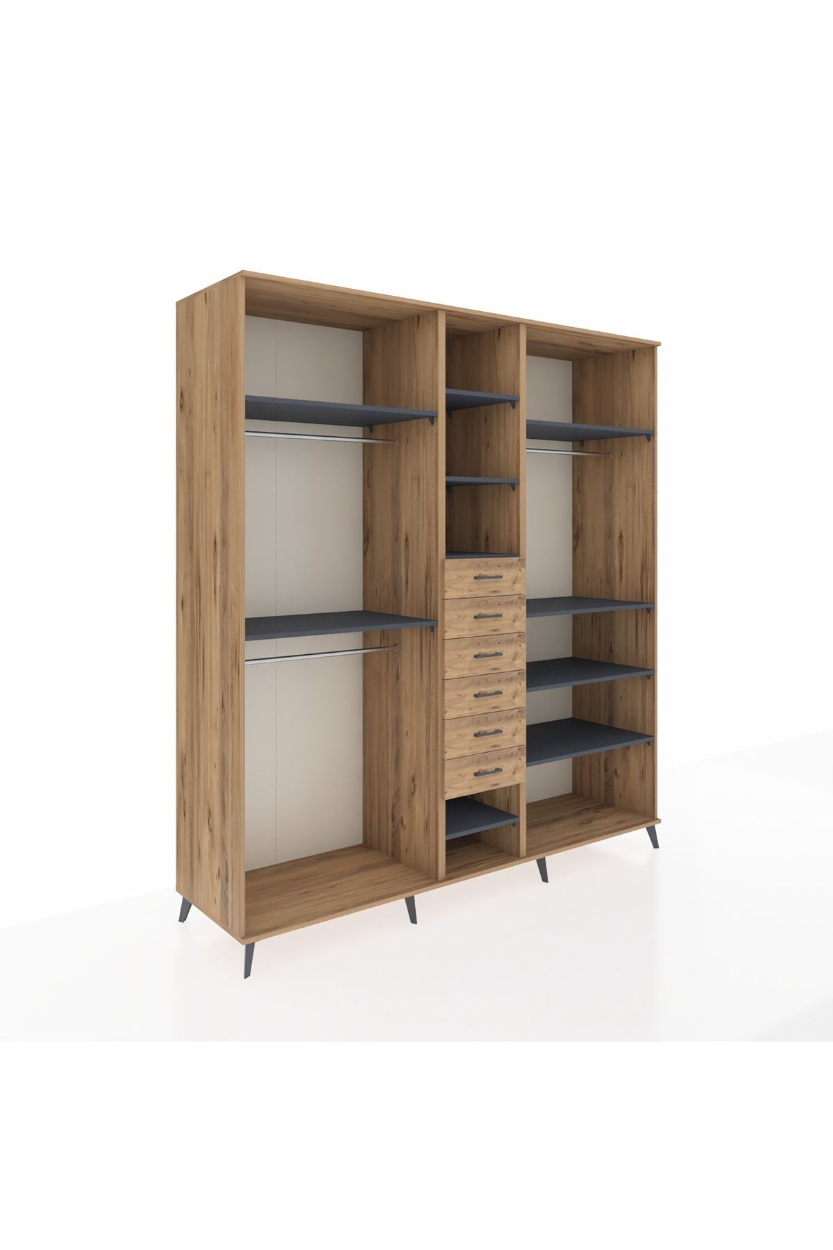 Kronos Dolap 10 Raflı 6 Çekmeceli 3 Askılı 220x59x243 Çam-Antrasit/Çam