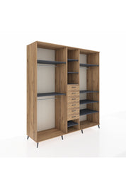 Kronos Dolap 10 Raflı 6 Çekmeceli 3 Askılı 220x59x243 Çam-Antrasit/Çam