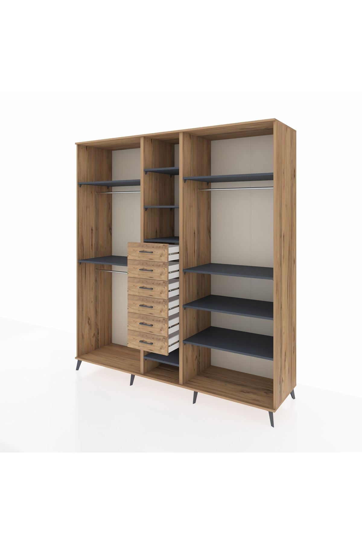 Kronos Dolap 10 Raflı 6 Çekmeceli 3 Askılı 220x59x243 Çam-Antrasit/Çam