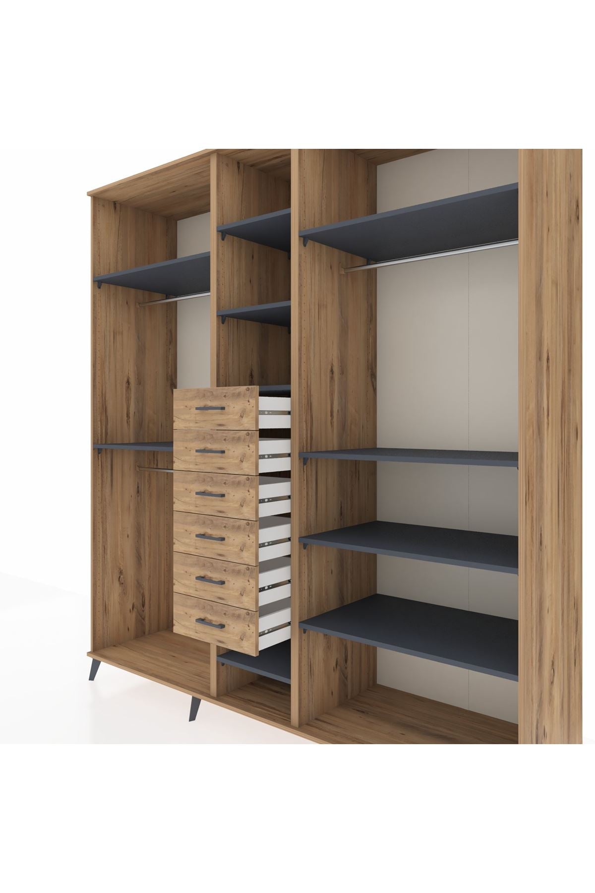 Kronos Dolap 10 Raflı 6 Çekmeceli 3 Askılı 220x59x243 Çam-Antrasit/Çam