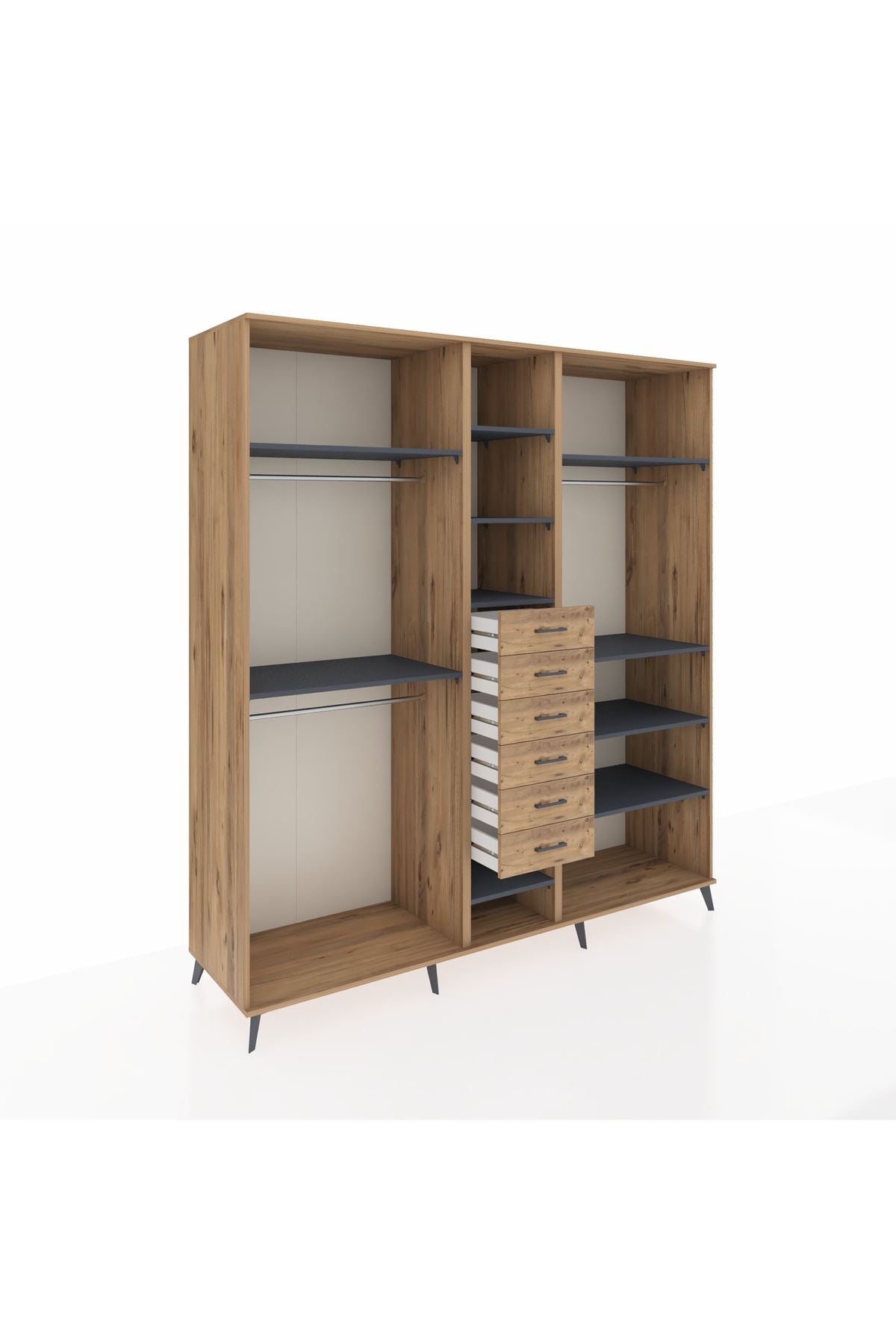 Kronos Dolap 10 Raflı 6 Çekmeceli 3 Askılı 220x59x243 Çam-Antrasit/Çam