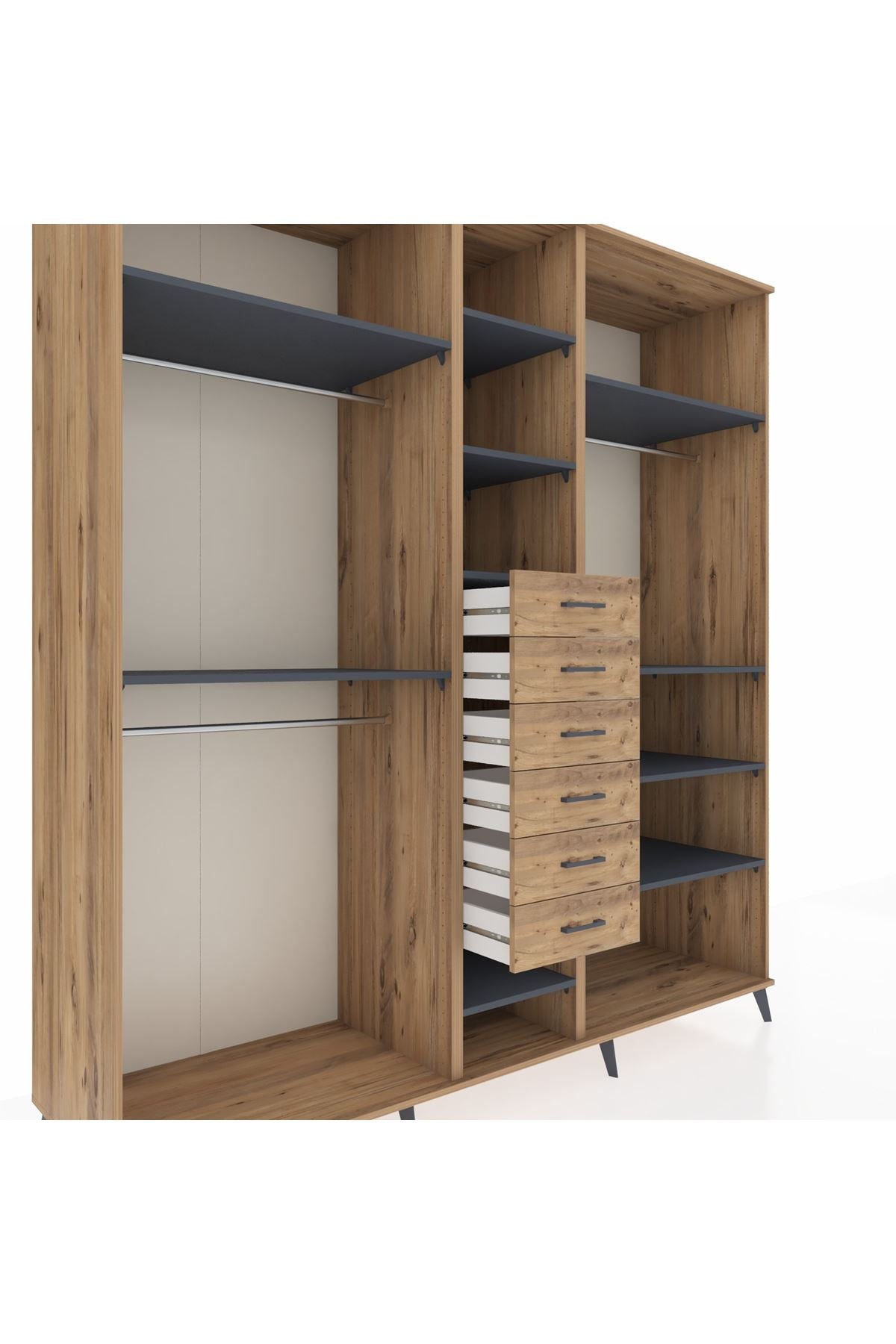 Kronos Dolap 10 Raflı 6 Çekmeceli 3 Askılı 220x59x243 Çam-Antrasit/Çam