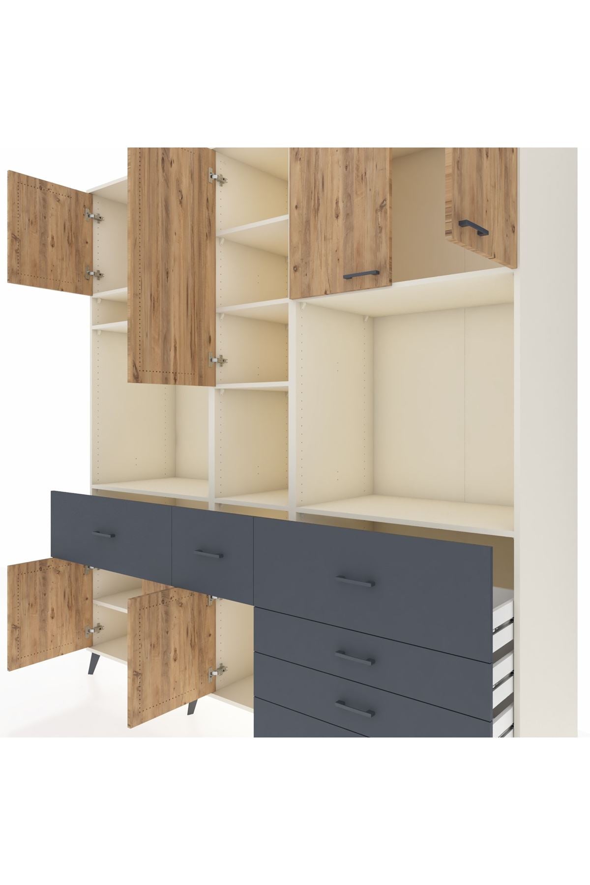 Kronos Dolap 10 Raflı 6 Çekmeceli 8 Kapaklı 220x59x243 Aytaşı-Çam/Antrasit