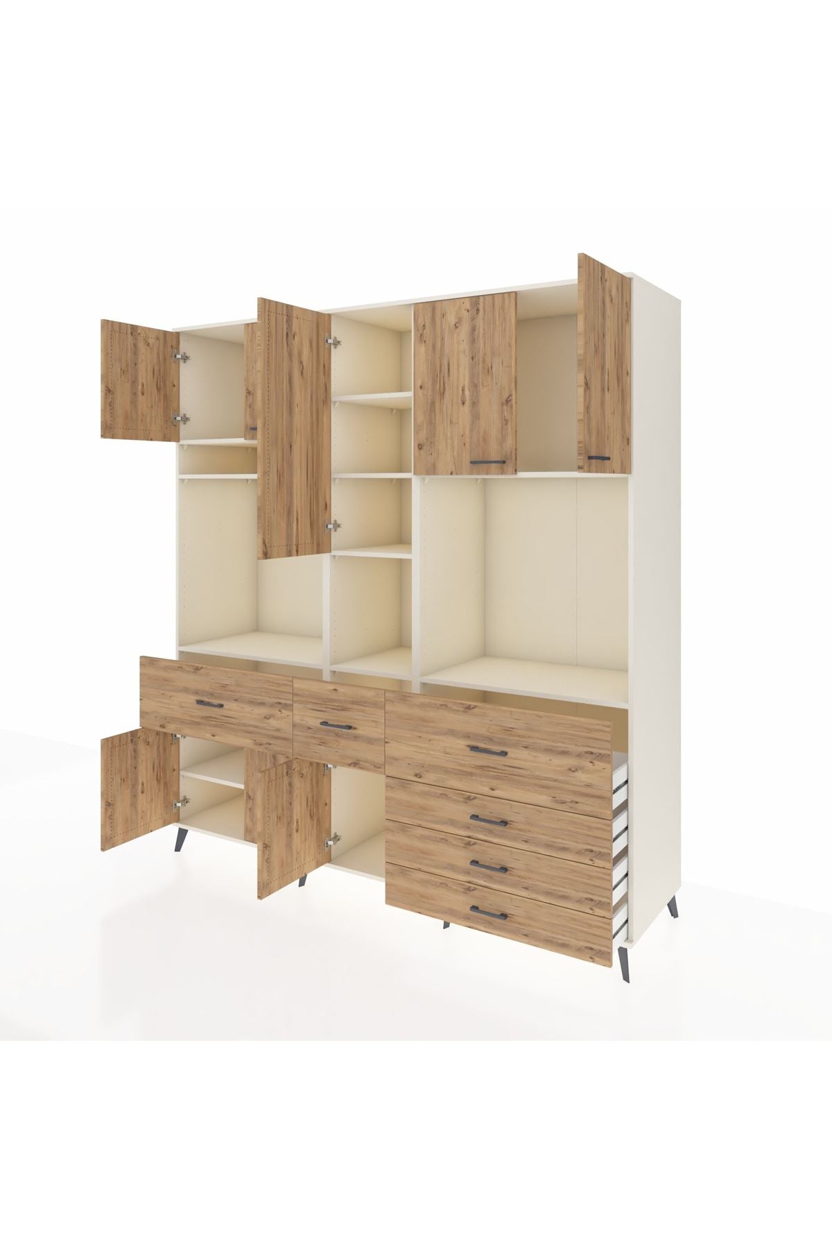 Kronos Dolap 10 Raflı 6 Çekmeceli 8 Kapaklı 220x59x243 Aytaşı-Çam/Çam