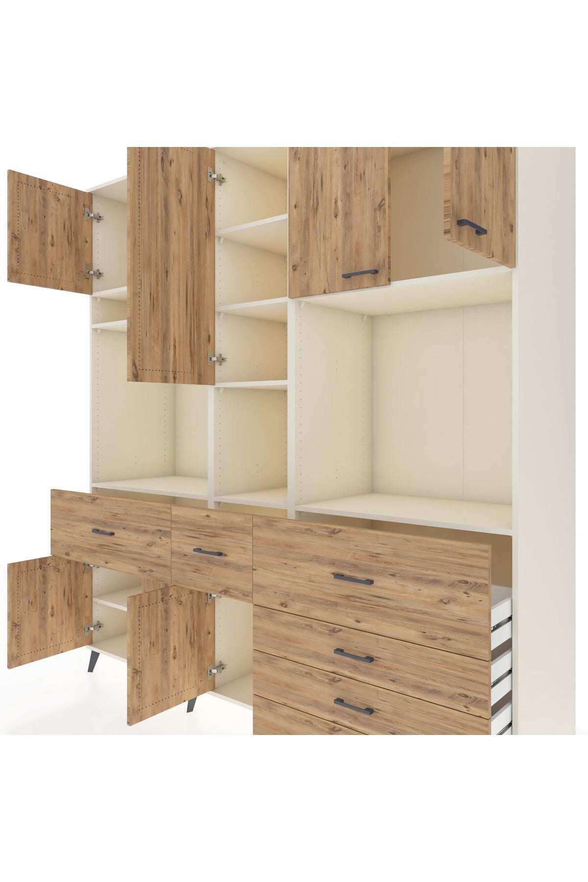 Kronos Dolap 10 Raflı 6 Çekmeceli 8 Kapaklı 220x59x243 Aytaşı-Çam/Çam