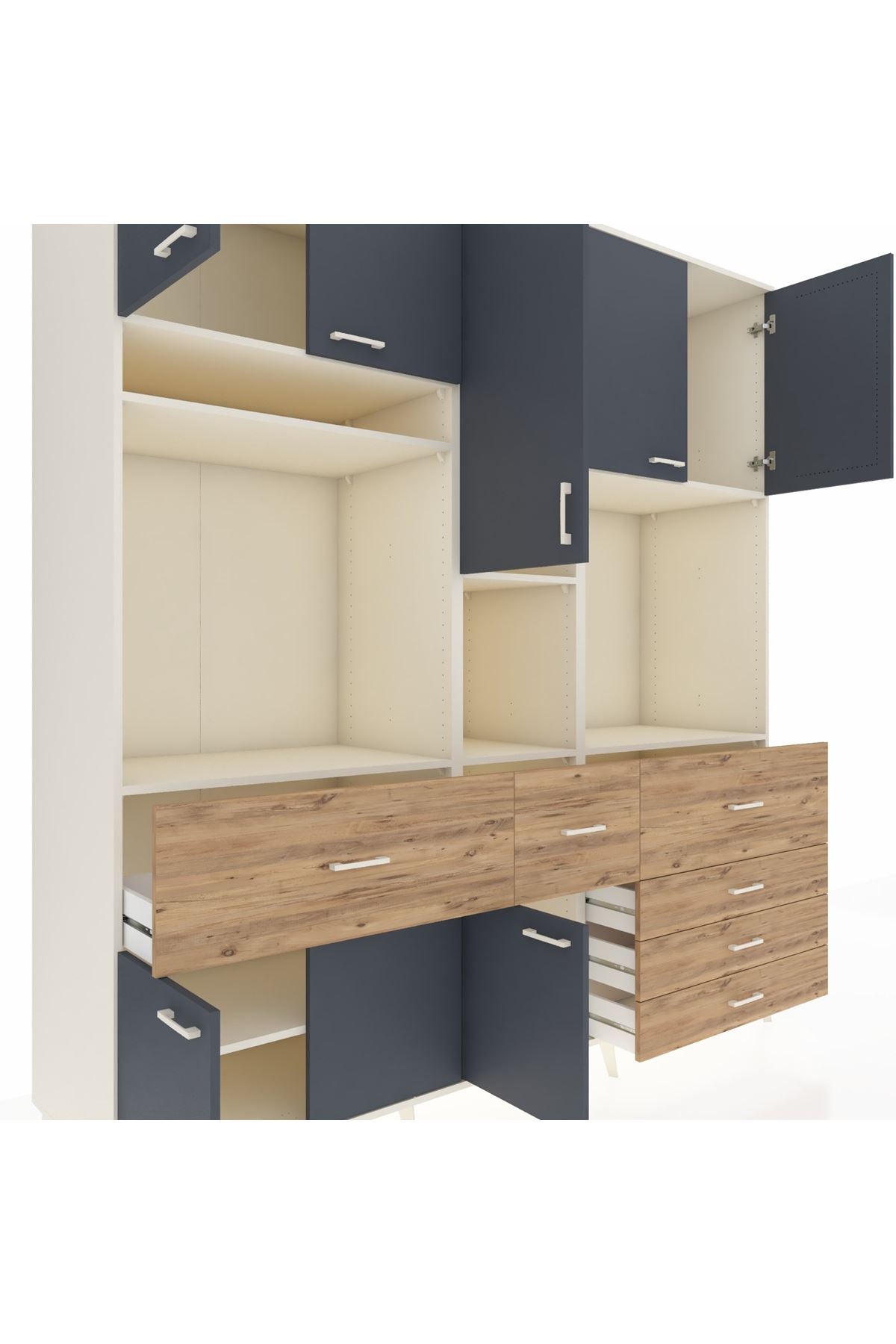 Kronos Dolap 10 Raflı 6 Çekmeceli 8 Kapaklı 220x59x243 Aytaşı-Antrasit/Çam