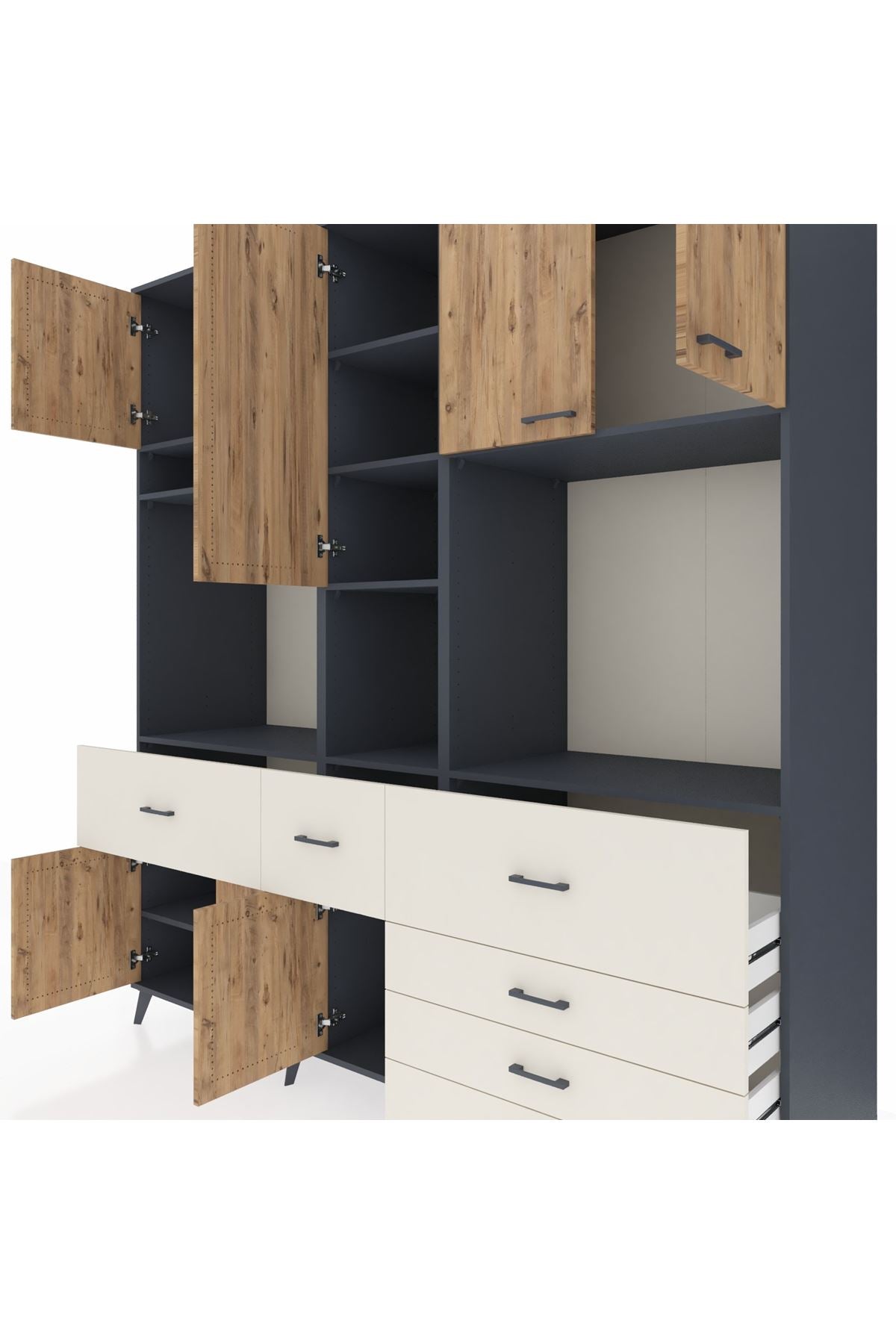 Kronos Dolap 10 Raflı 6 Çekmeceli 8 Kapaklı 220x59x243 Antrasit-Çam/Aytaşı