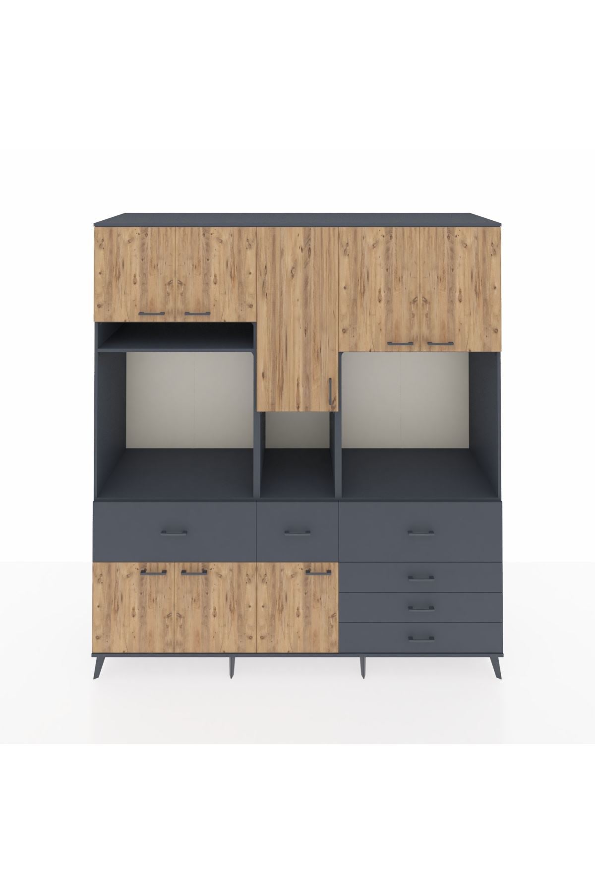 Kronos Dolap 10 Raflı 6 Çekmeceli 8 Kapaklı 220x59x243 Antrasit-Çam/Antrasit