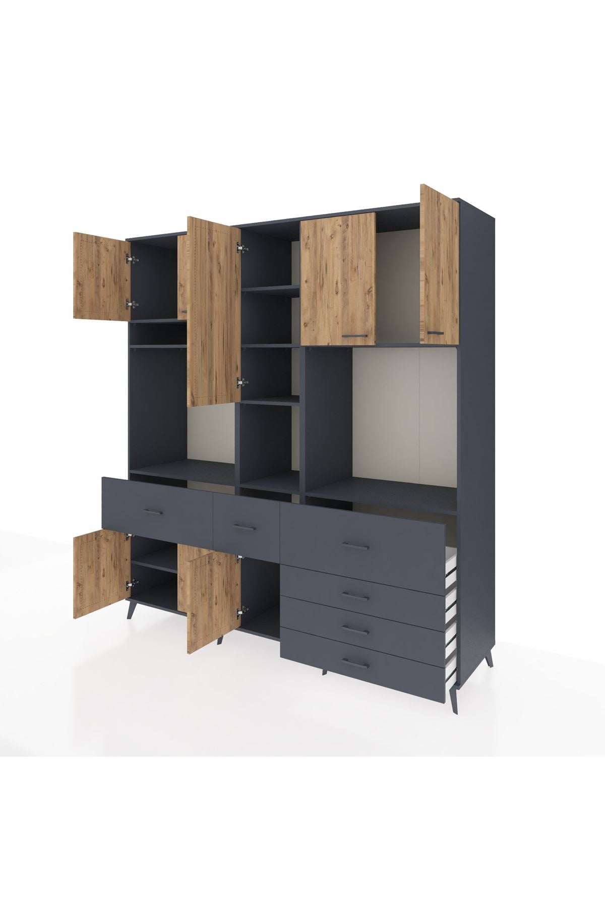 Kronos Dolap 10 Raflı 6 Çekmeceli 8 Kapaklı 220x59x243 Antrasit-Çam/Antrasit