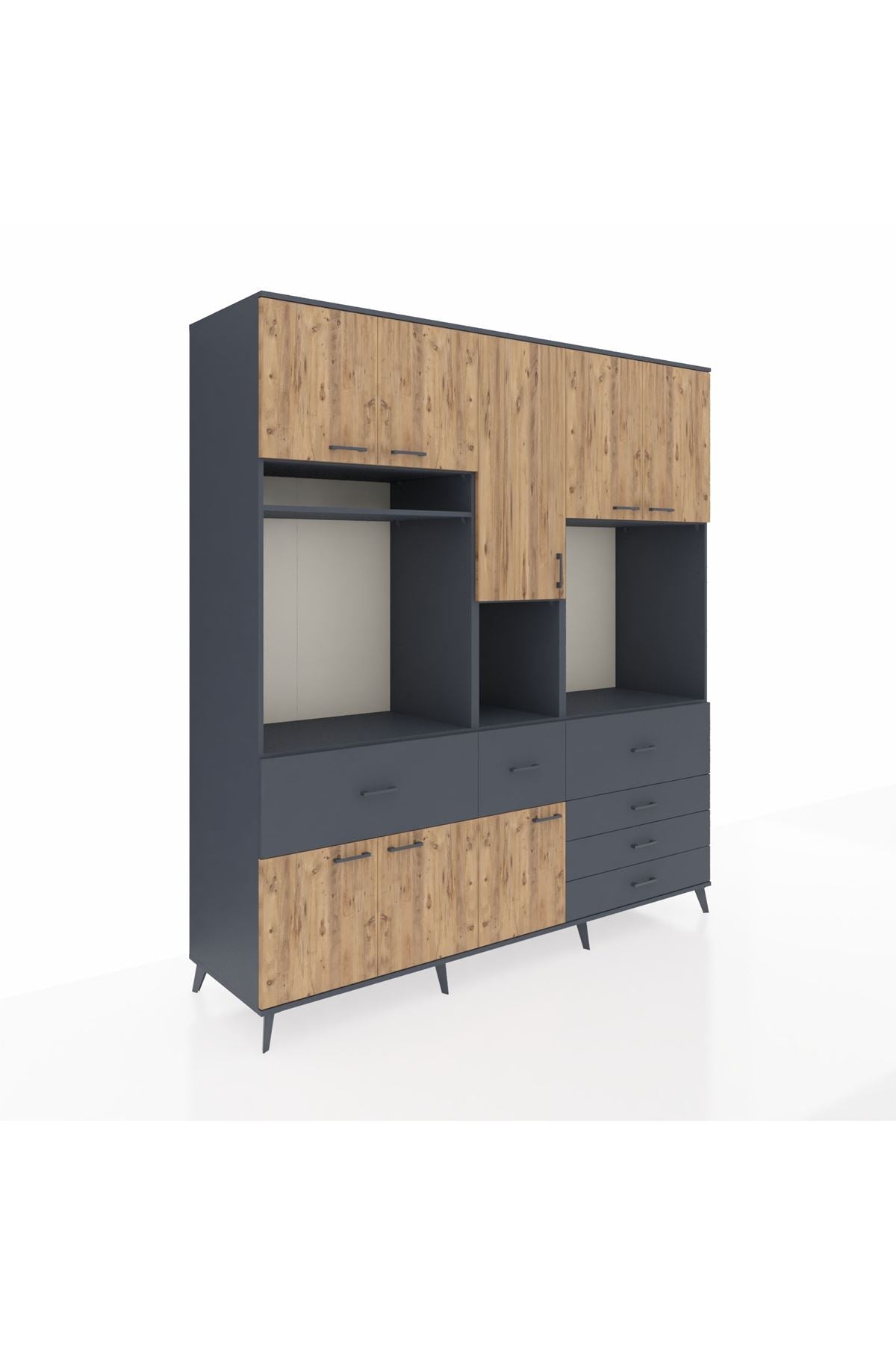 Kronos Dolap 10 Raflı 6 Çekmeceli 8 Kapaklı 220x59x243 Antrasit-Çam/Antrasit