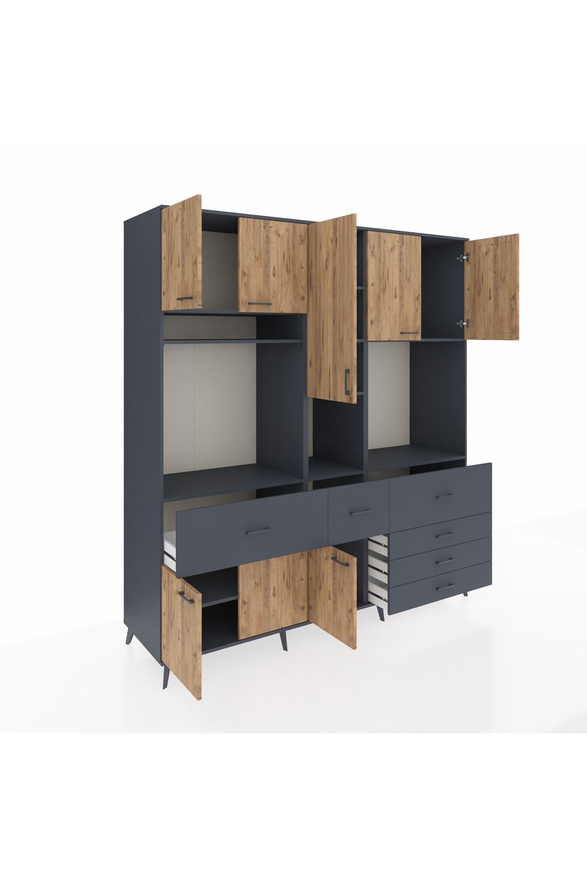 Kronos Dolap 10 Raflı 6 Çekmeceli 8 Kapaklı 220x59x243 Antrasit-Çam/Antrasit