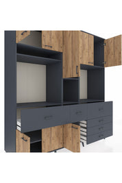 Kronos Dolap 10 Raflı 6 Çekmeceli 8 Kapaklı 220x59x243 Antrasit-Çam/Antrasit
