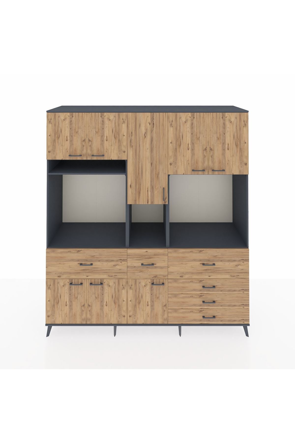 Kronos Dolap 10 Raflı 6 Çekmeceli 8 Kapaklı 220x59x243 Antrasit-Çam/Çam