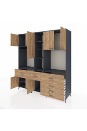 Kronos Dolap 10 Raflı 6 Çekmeceli 8 Kapaklı 220x59x243 Antrasit-Çam/Çam